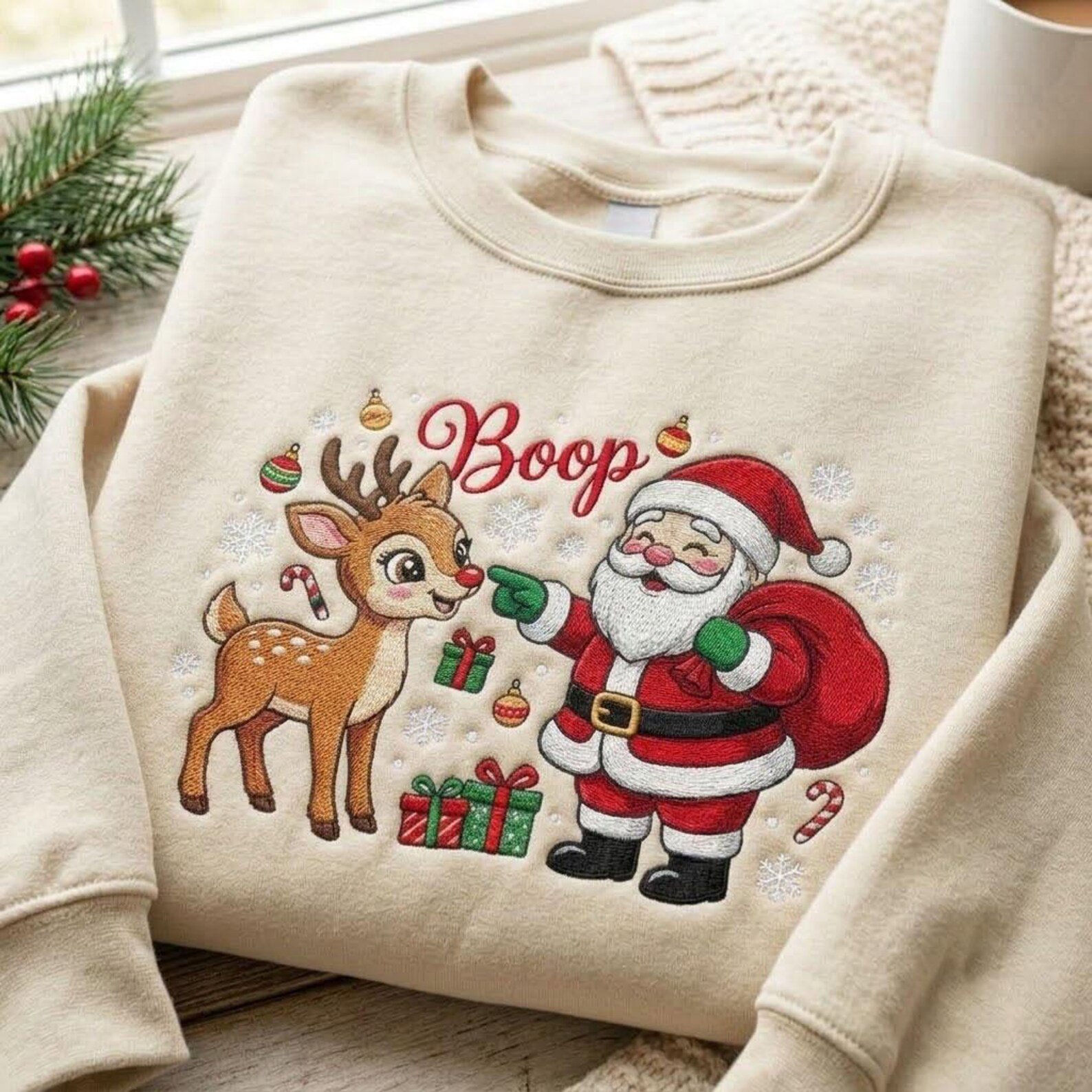 Funny Boop Christmas Embroidered Sweatshirt, Santa and Reindeer Crewneck, Cute Rudolph Holiday Pullover, Festive Christmas Gift Idea 2
