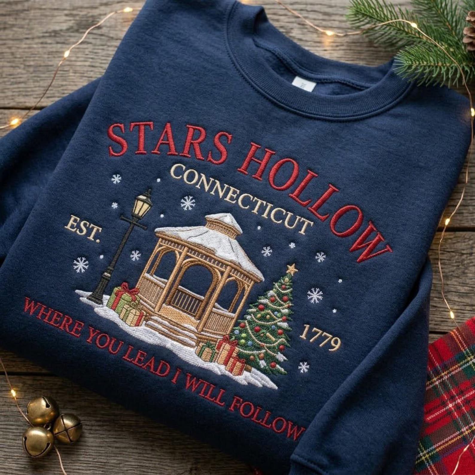 Stars Hollow Embroidered Sweatshirt, Connecticut Gazebo Christmas Crewneck, Cozy Winter Town Holiday Gift Gilmore Inspired 1
