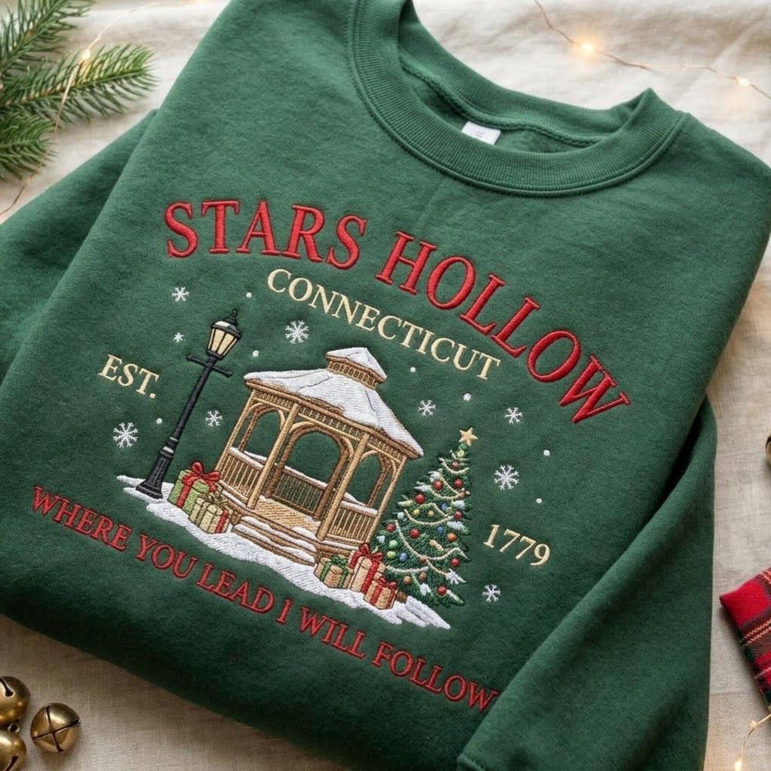 Stars Hollow Embroidered Sweatshirt, Connecticut Gazebo Christmas Crewneck, Cozy Winter Town Holiday Gift Gilmore Inspired 3