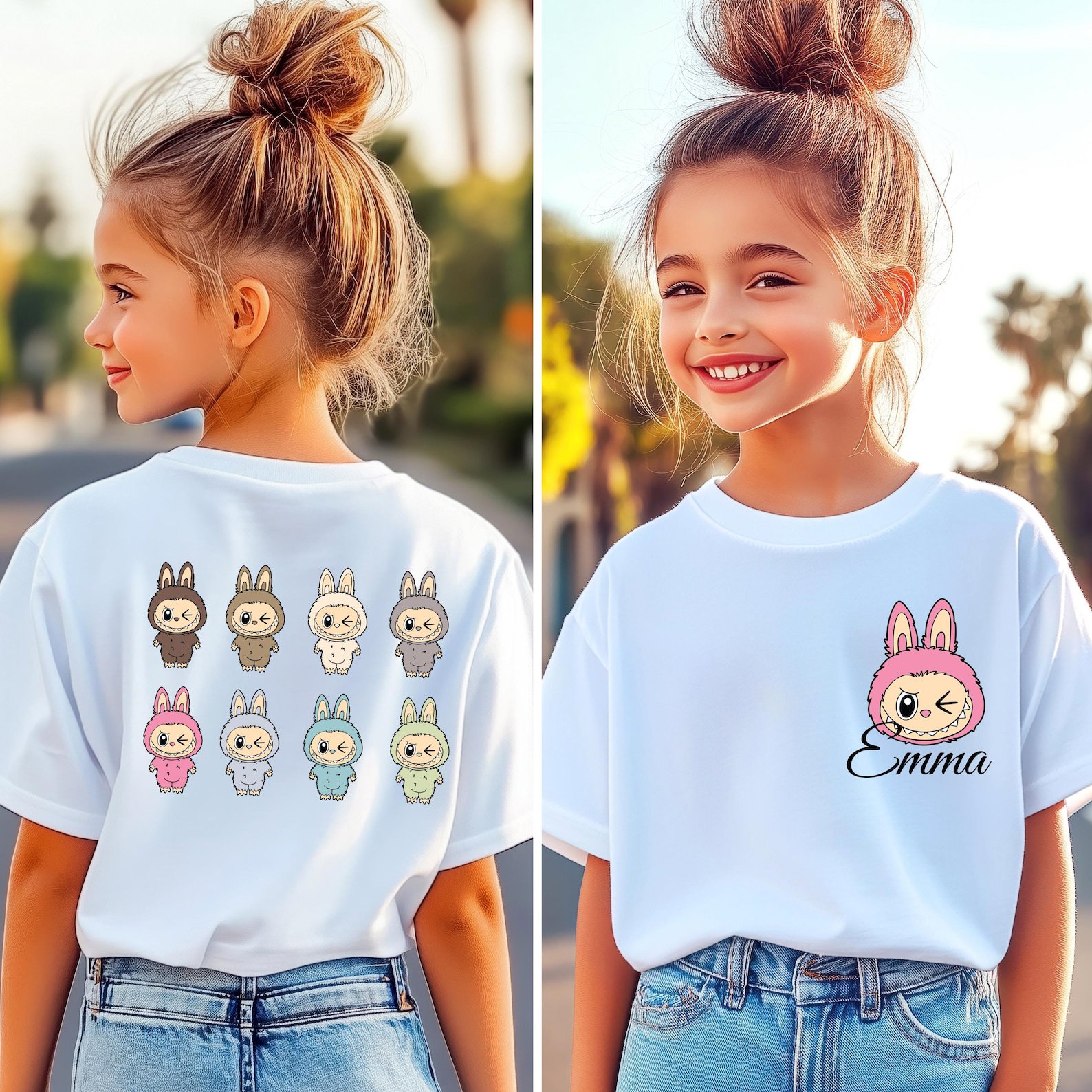 Custom Cartoon Monster Shirt, Personalized Kids Birthday T Shirt, Toddler Matching Outfit, Girls Front and Back print Custom Name La Bu Tee 1