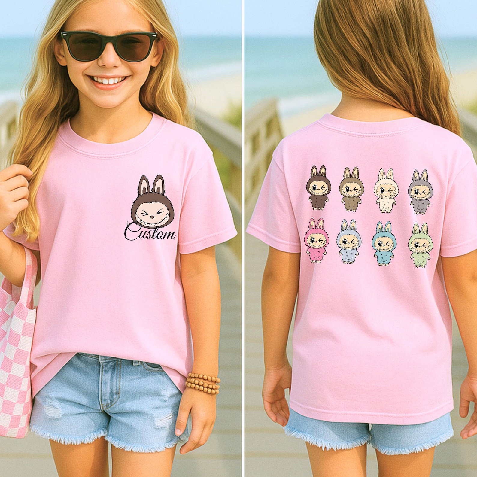 Custom Cartoon Monster Shirt, Personalized Kids Birthday T Shirt, Toddler Matching Outfit, Girls Front and Back print Custom Name La Bu Tee 5