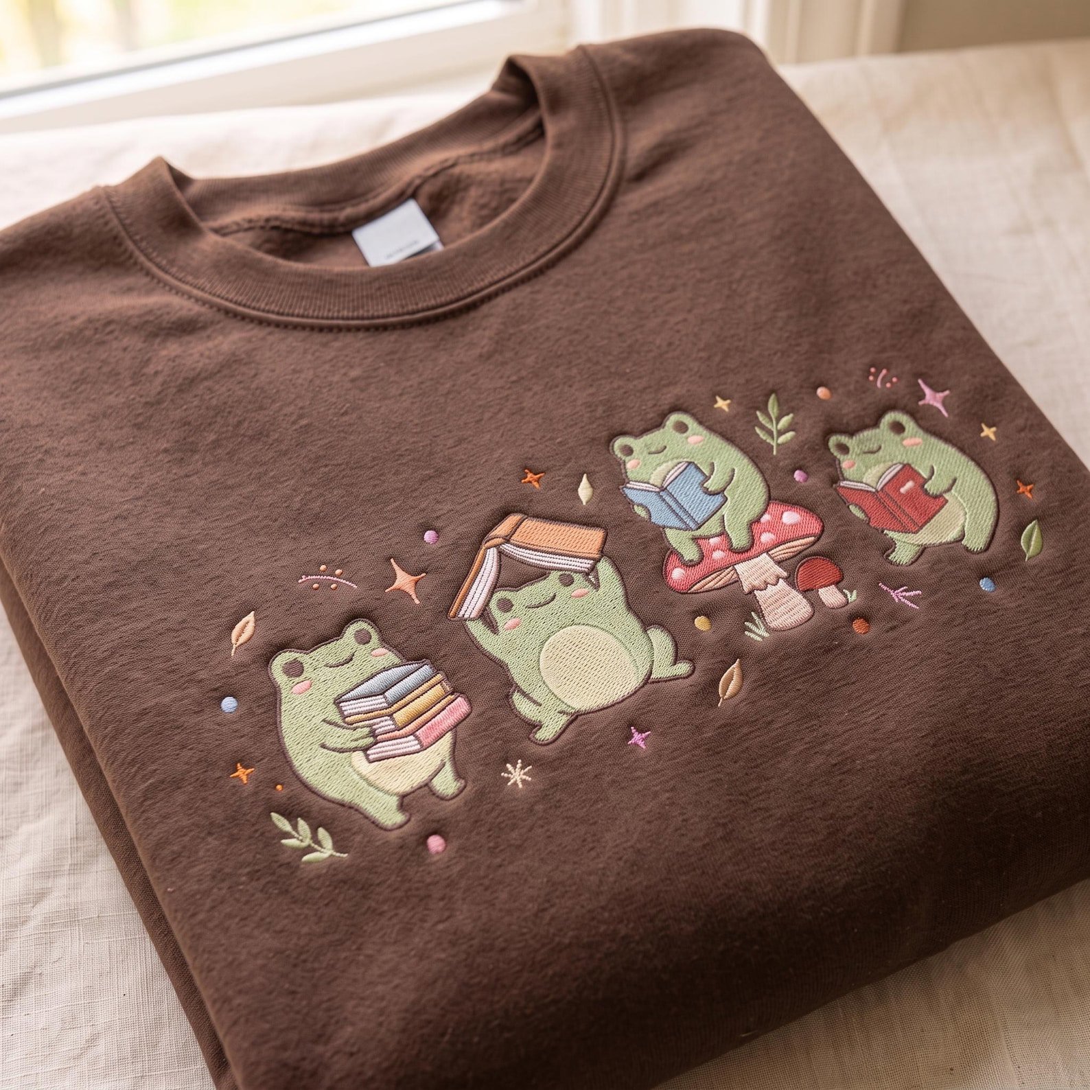 Embroidered Frog Reading Sweatshirt, Frog Teacher Book Lover Gift Stamp Shirt, Reader Bookish Gift, Bookish Gift for Librarian Shirt 3