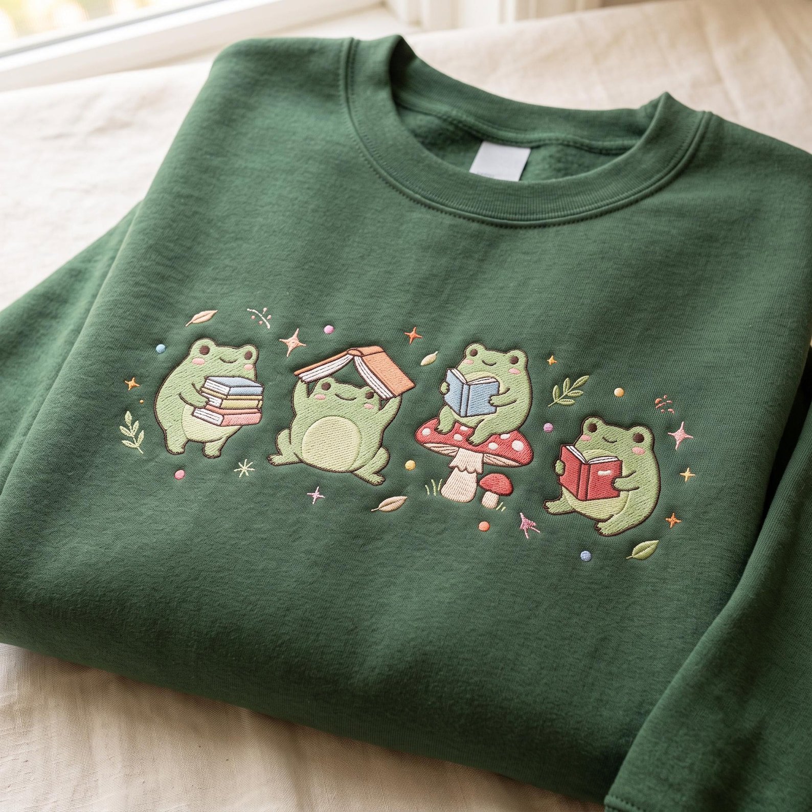 Embroidered Frog Reading Sweatshirt, Frog Teacher Book Lover Gift Stamp Shirt, Reader Bookish Gift, Bookish Gift for Librarian Shirt 1
