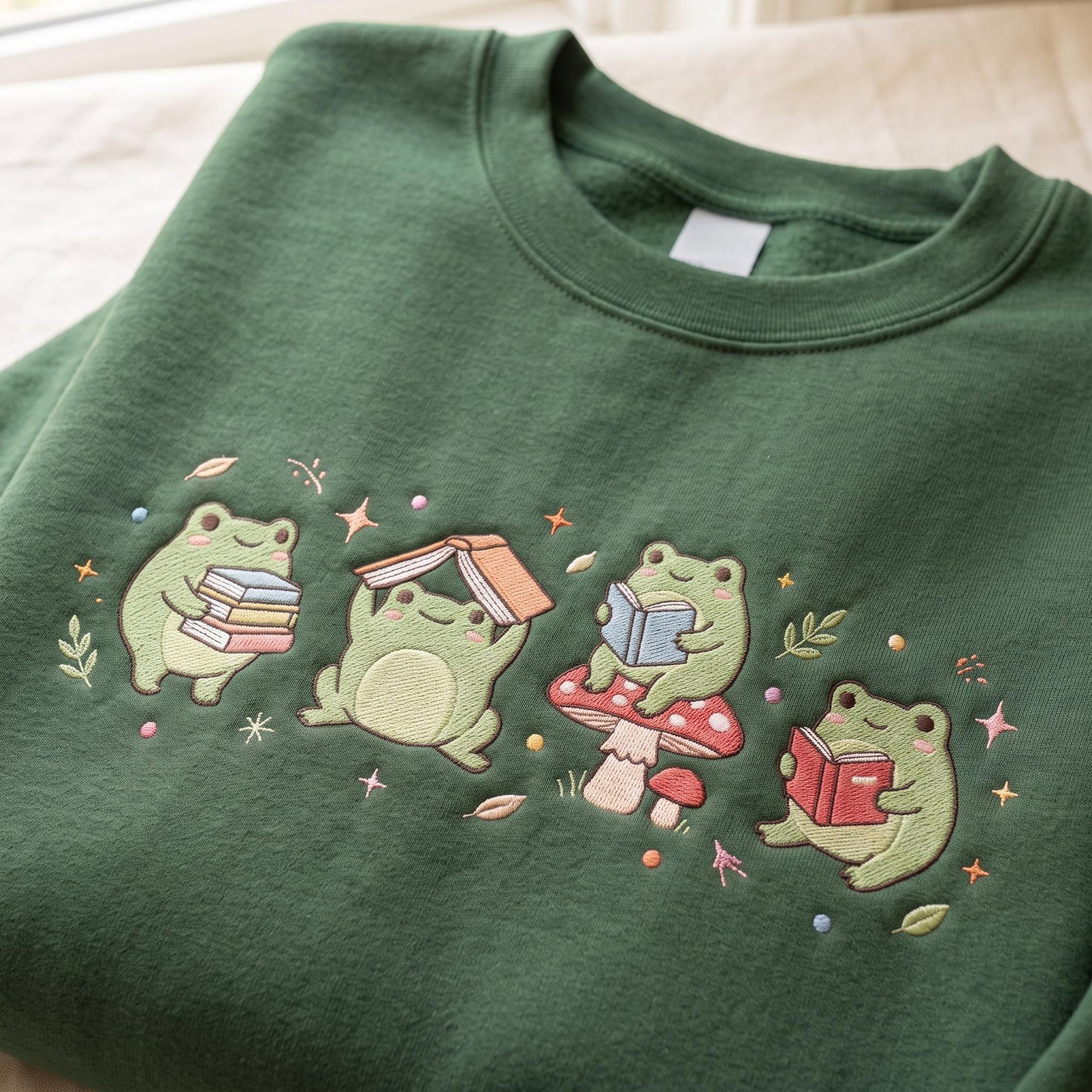 Embroidered Frog Reading Sweatshirt, Frog Teacher Book Lover Gift Stamp Shirt, Reader Bookish Gift, Bookish Gift for Librarian Shirt 4