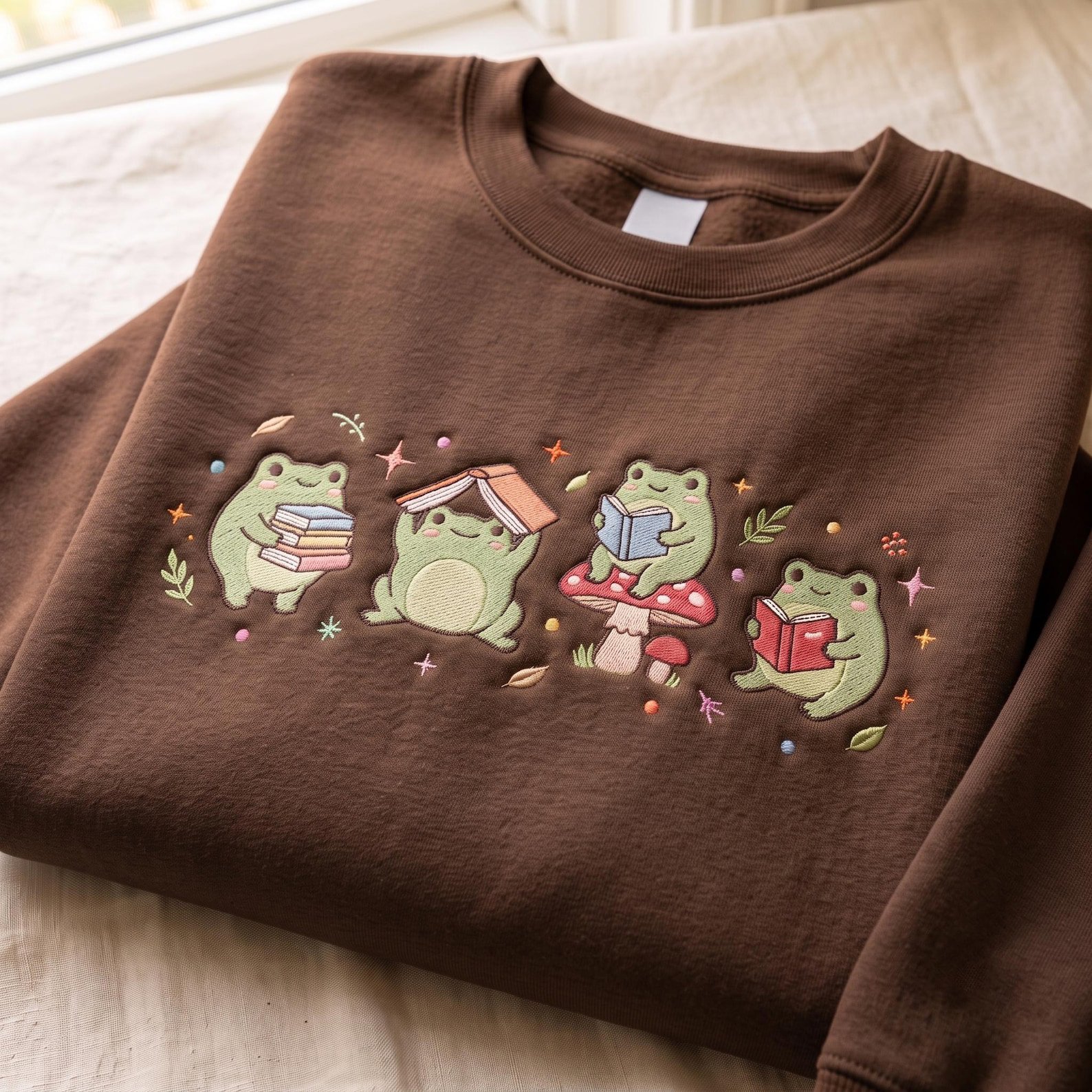 Embroidered Frog Reading Sweatshirt, Frog Teacher Book Lover Gift Stamp Shirt, Reader Bookish Gift, Bookish Gift for Librarian Shirt 5