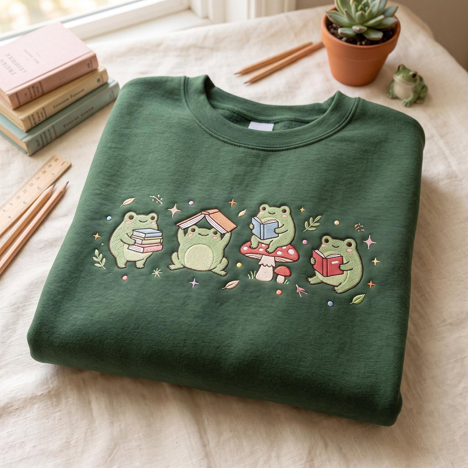Embroidered Frog Reading Sweatshirt, Frog Teacher Book Lover Gift Stamp Shirt, Reader Bookish Gift, Bookish Gift for Librarian Shirt 6