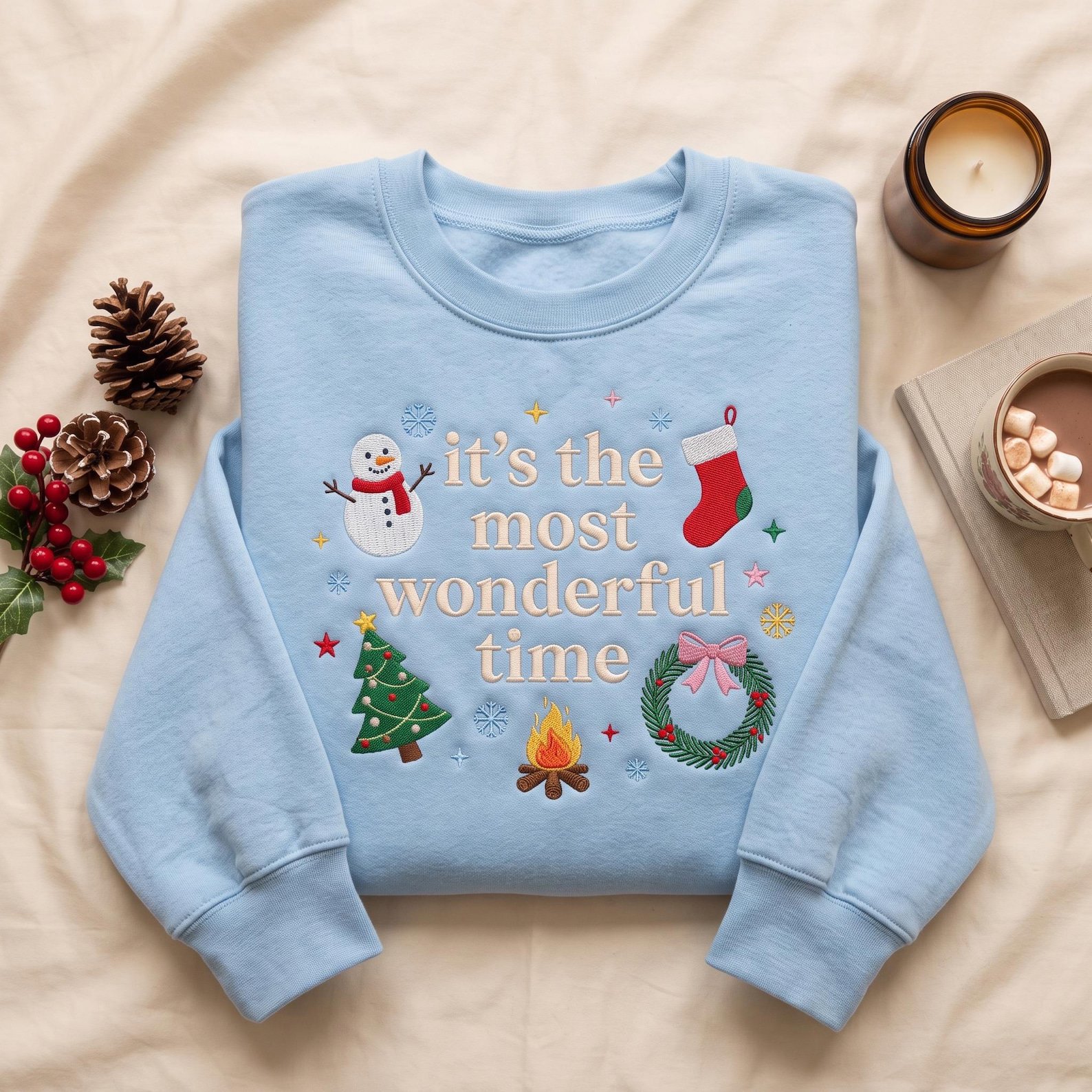 Most Wonderful Time Christmas Embroidered Sweatshirt, Festive Holiday Crewneck with Snowman Tree Wreath, Cozy Christmas Gift for Her 2