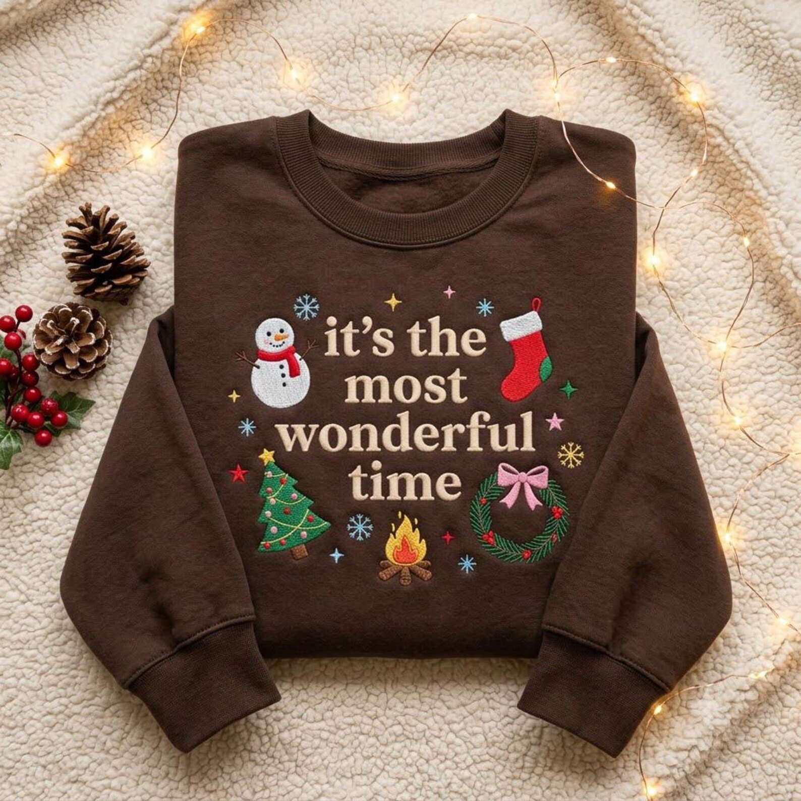 Most Wonderful Time Christmas Embroidered Sweatshirt, Festive Holiday Crewneck with Snowman Tree Wreath, Cozy Christmas Gift for Her 1