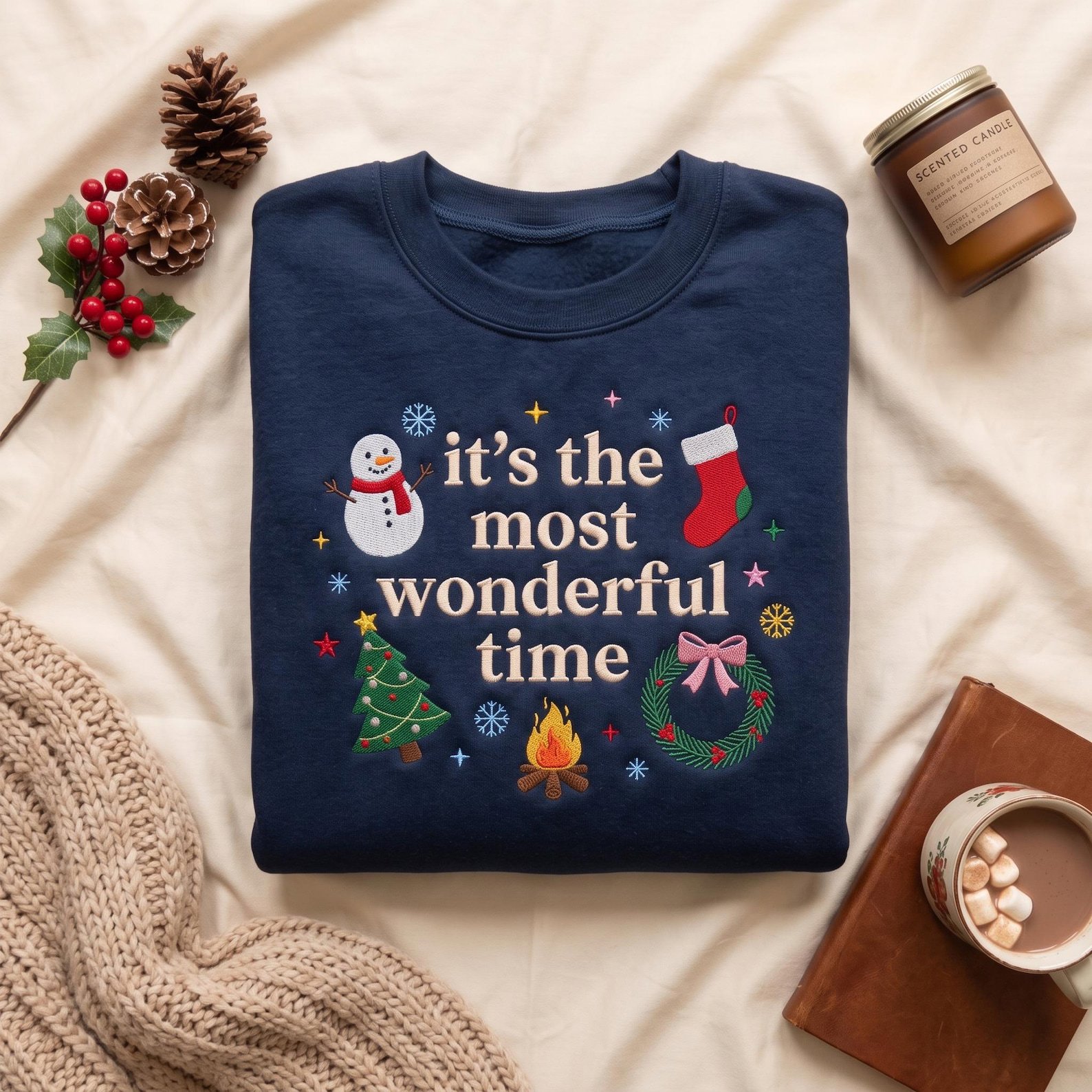Most Wonderful Time Christmas Embroidered Sweatshirt, Festive Holiday Crewneck with Snowman Tree Wreath, Cozy Christmas Gift for Her 3