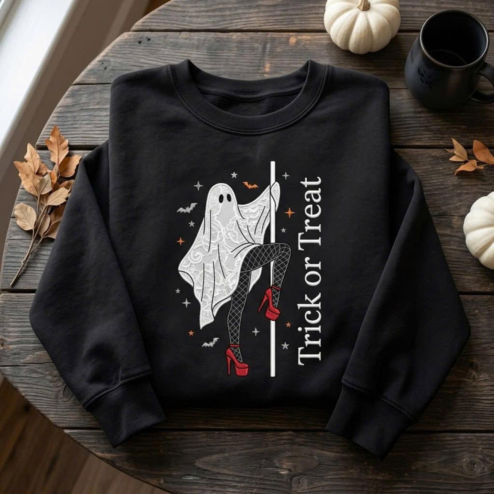 Trick or Treat Ghost Embroidered Sweatshirt, Funny Halloween Pole Dancing Ghost Crewneck, Spooky Cute Adult Halloween Shirt Gift 2