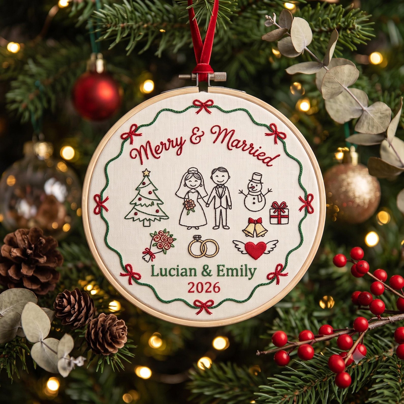 Merry and Married Christmas Ornament, Personalized Wedding Embroidery Hoop, Custom Couple Keepsake, First Christmas Married Gift 2026 1