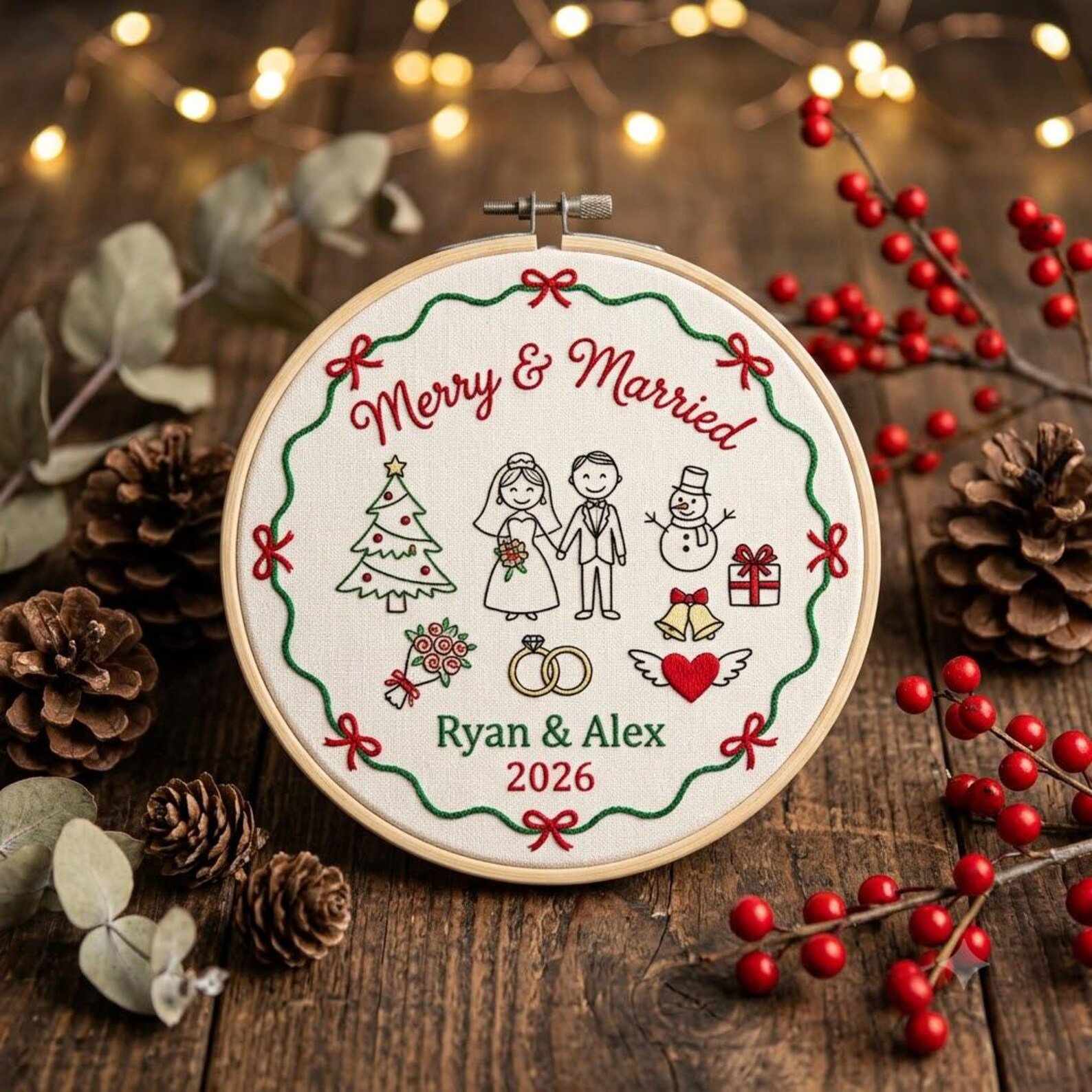 Merry and Married Christmas Ornament, Personalized Wedding Embroidery Hoop, Custom Couple Keepsake, First Christmas Married Gift 2026 3