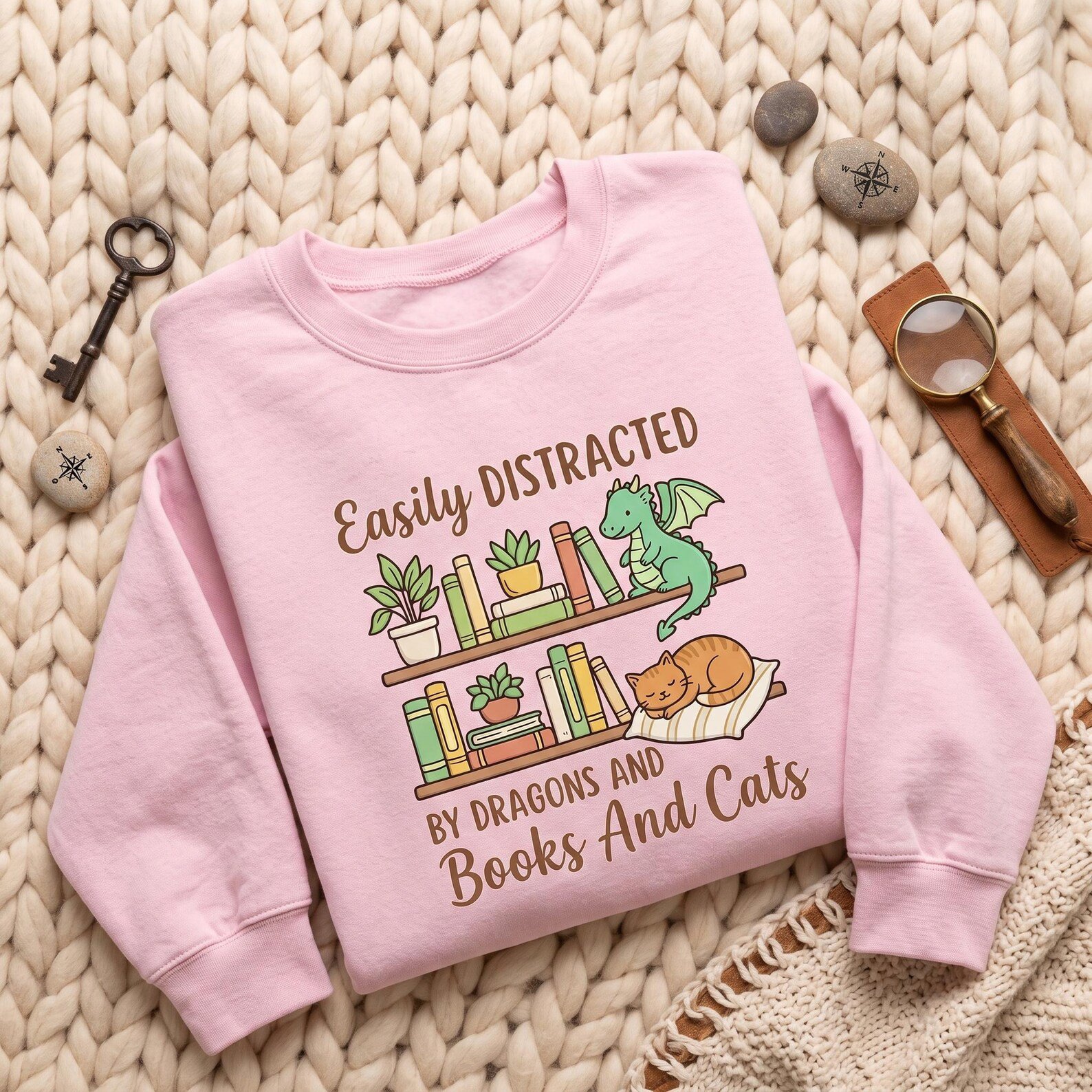 Easily Distracted by Dragons Books and Cats Embroidered Sweatshirt, Funny Book Lover Crewneck, Fantasy Reader Cat Dragon Gift Idea 2