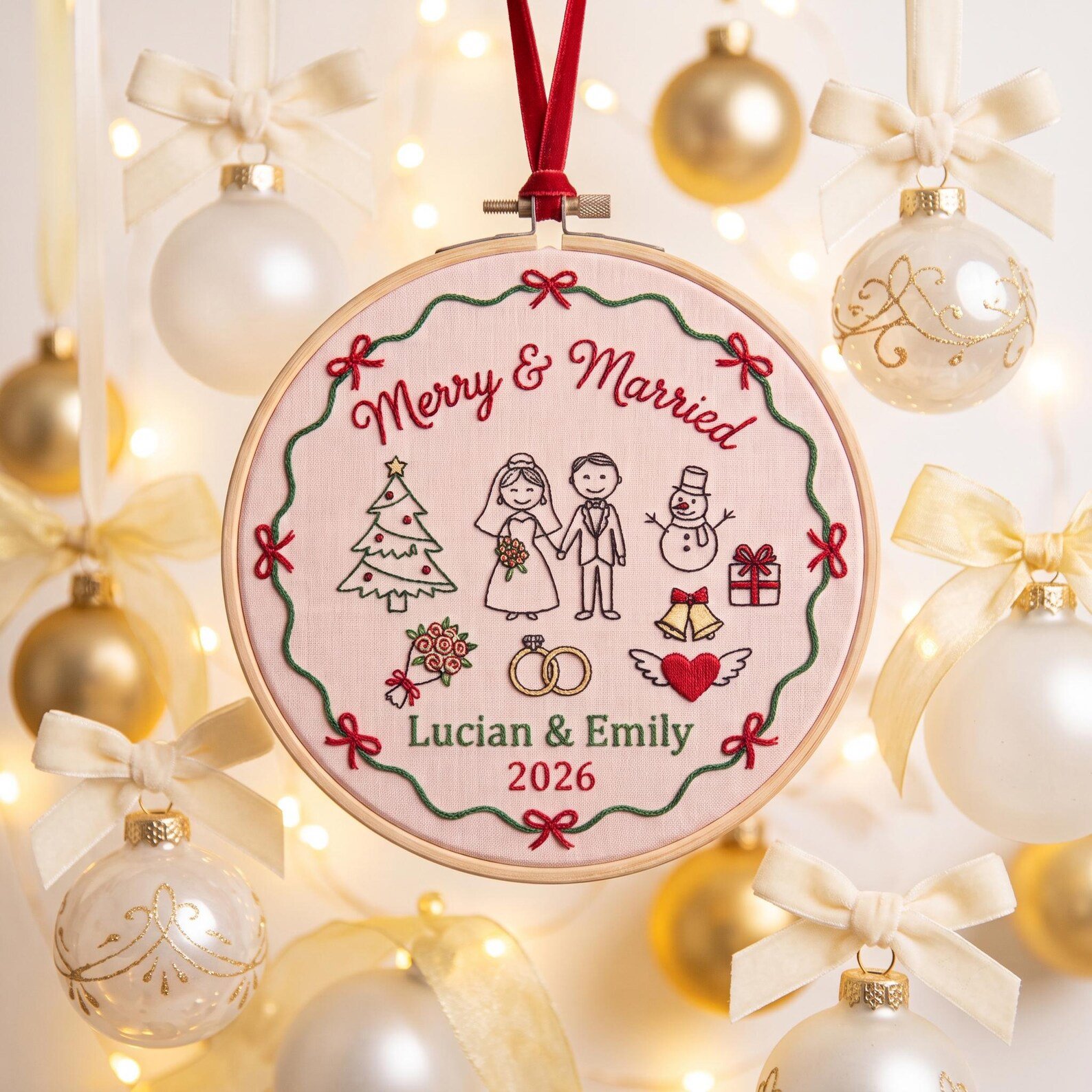 Merry and Married Christmas Ornament, Personalized Wedding Embroidery Hoop, Custom Couple Keepsake, First Christmas Married Gift 2026 2