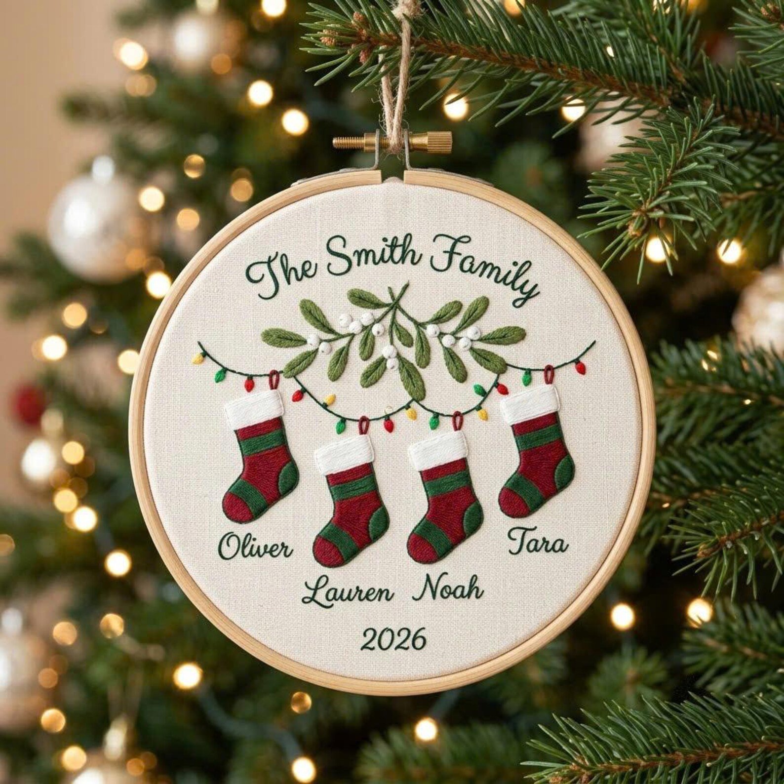 Custom Family Christmas Hoop Ornament, Personalized Stocking Name Embroidery, Christmas Tree Keepsake, Holiday Family Gift 1