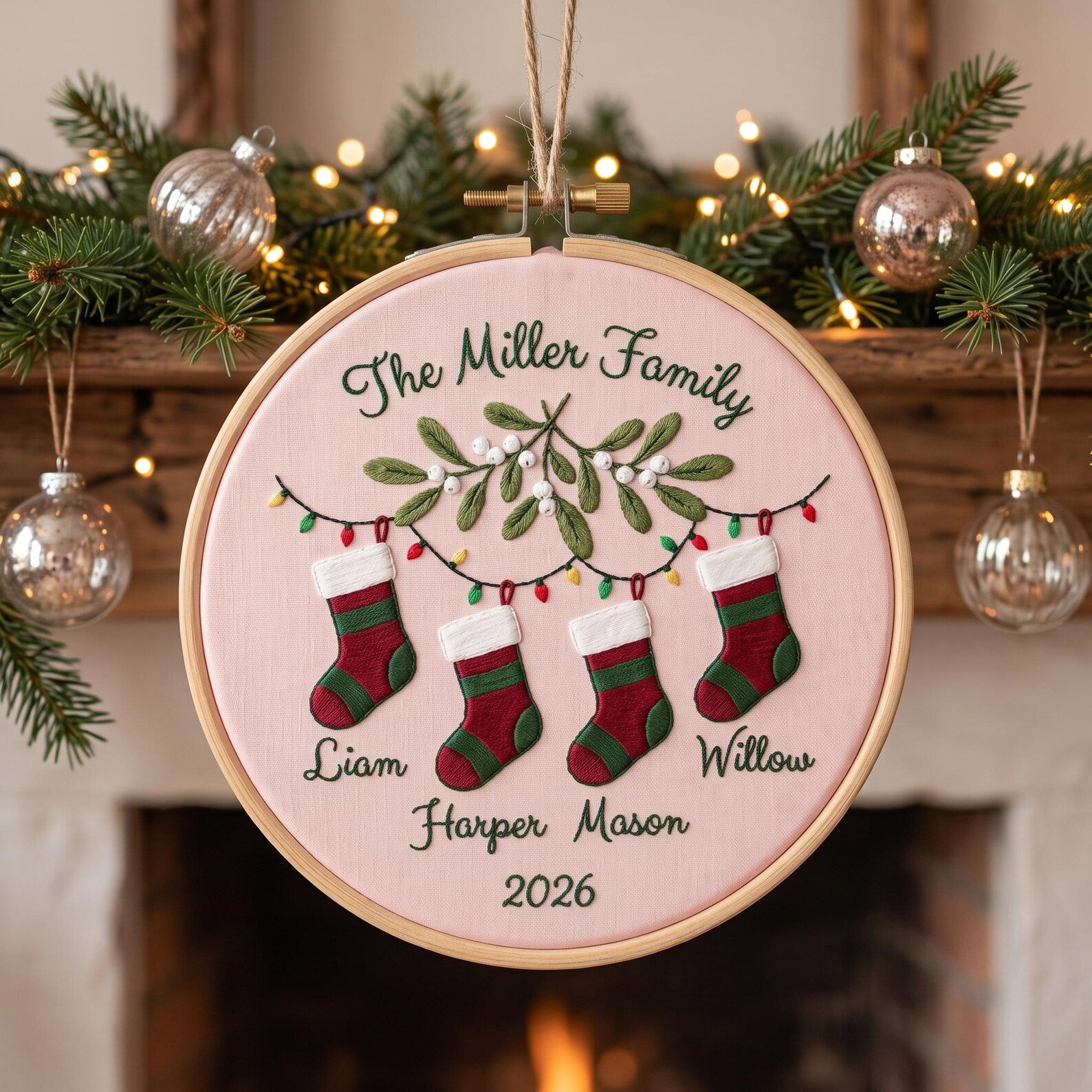 Custom Family Christmas Hoop Ornament, Personalized Stocking Name Embroidery, Christmas Tree Keepsake, Holiday Family Gift 3