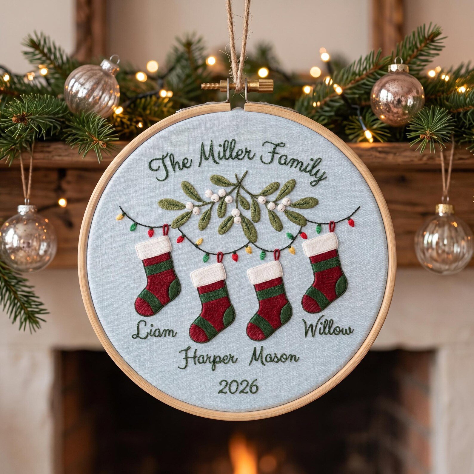 Custom Family Christmas Hoop Ornament, Personalized Stocking Name Embroidery, Christmas Tree Keepsake, Holiday Family Gift 2