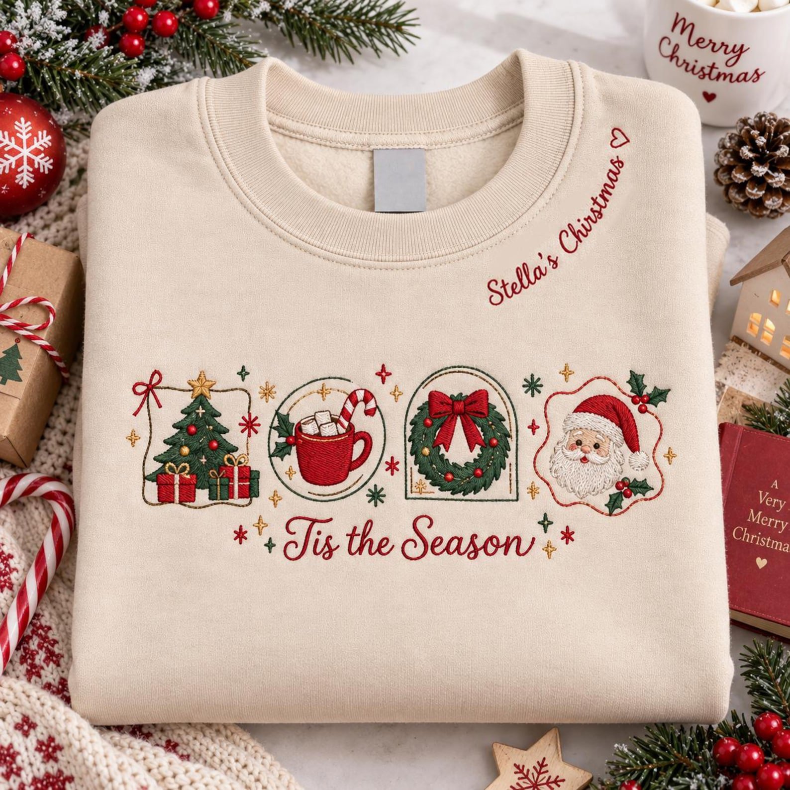 Tis the Season Embroidered Christmas Sweatshirt, Personalized Name Crewneck, Vintage Holiday Icons, Cozy Christmas Gift for Women! 1