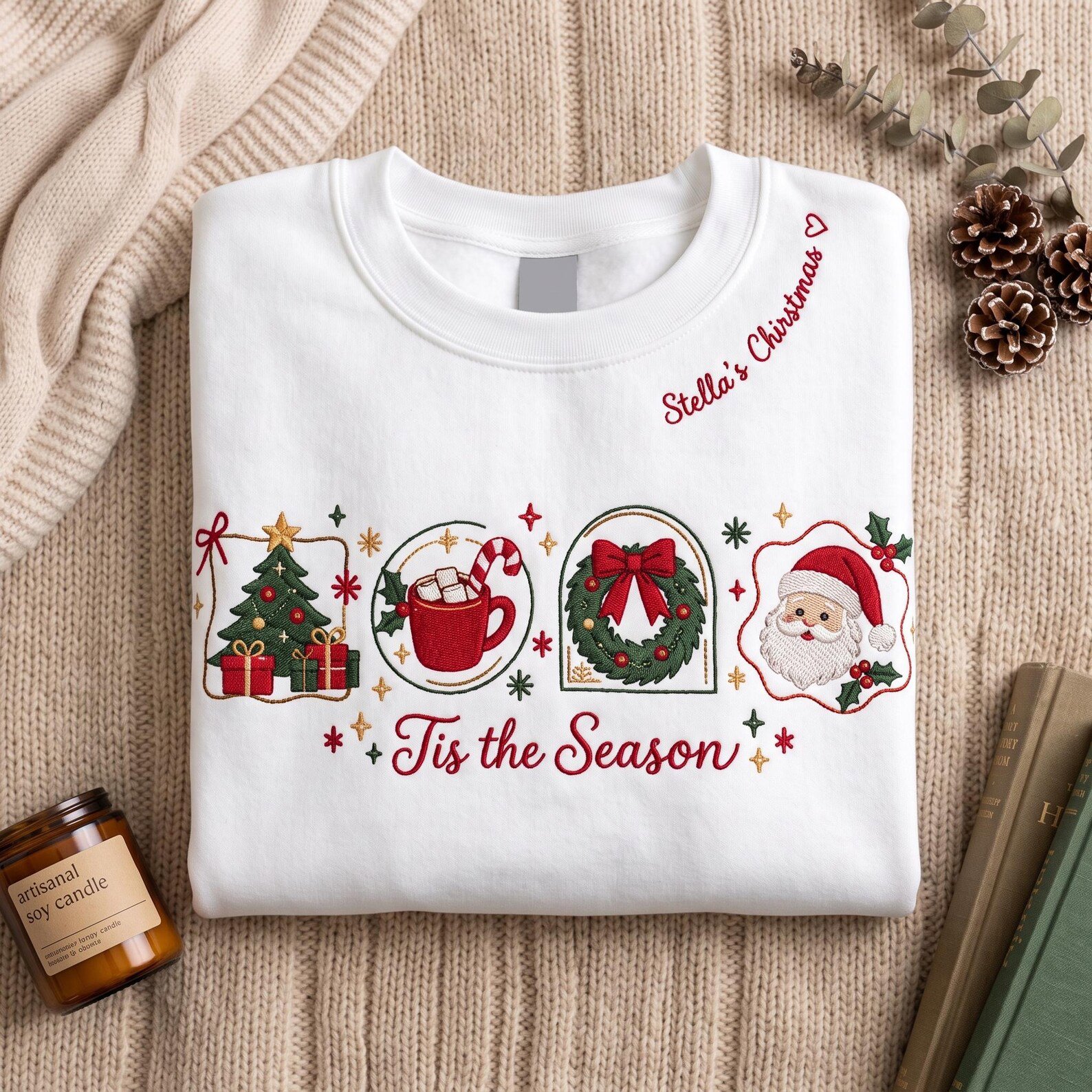 Tis the Season Embroidered Christmas Sweatshirt, Personalized Name Crewneck, Vintage Holiday Icons, Cozy Christmas Gift for Women! 2