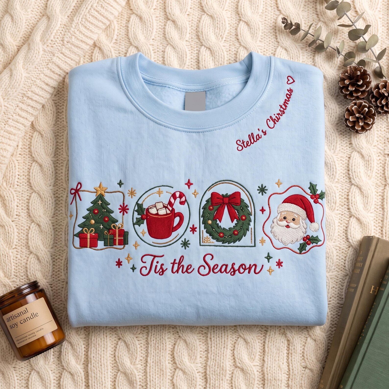 Tis the Season Embroidered Christmas Sweatshirt, Personalized Name Crewneck, Vintage Holiday Icons, Cozy Christmas Gift for Women! 3