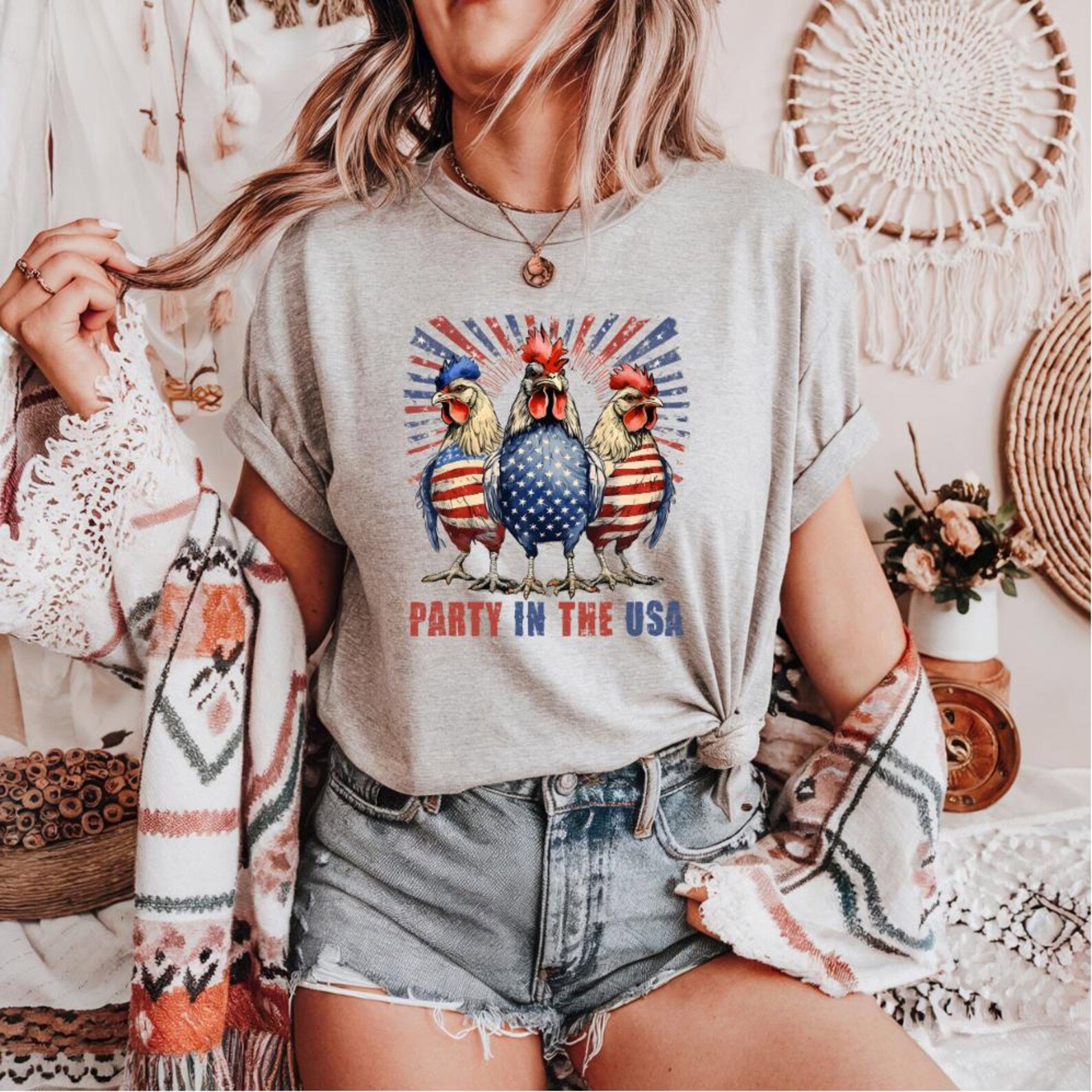 Funny 4th of July Chicken T-Shirt: Patriotic USA Rooster Tee 4