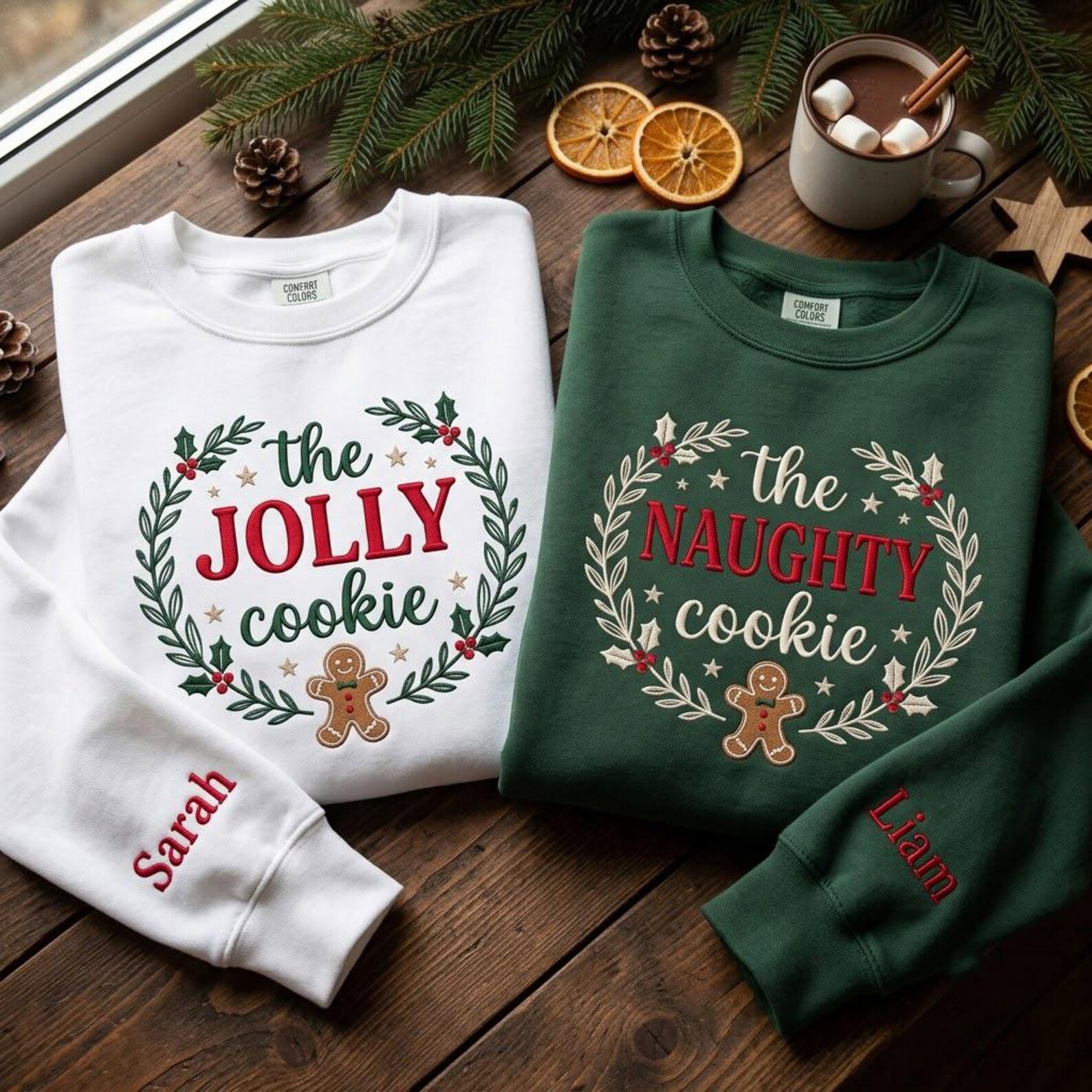 Matching Christmas Embroidered Sweatshirts, Jolly Naughty Cookie Couple Crewnecks, Personalized Sleeve Name Gingerbread Holiday Gift 2