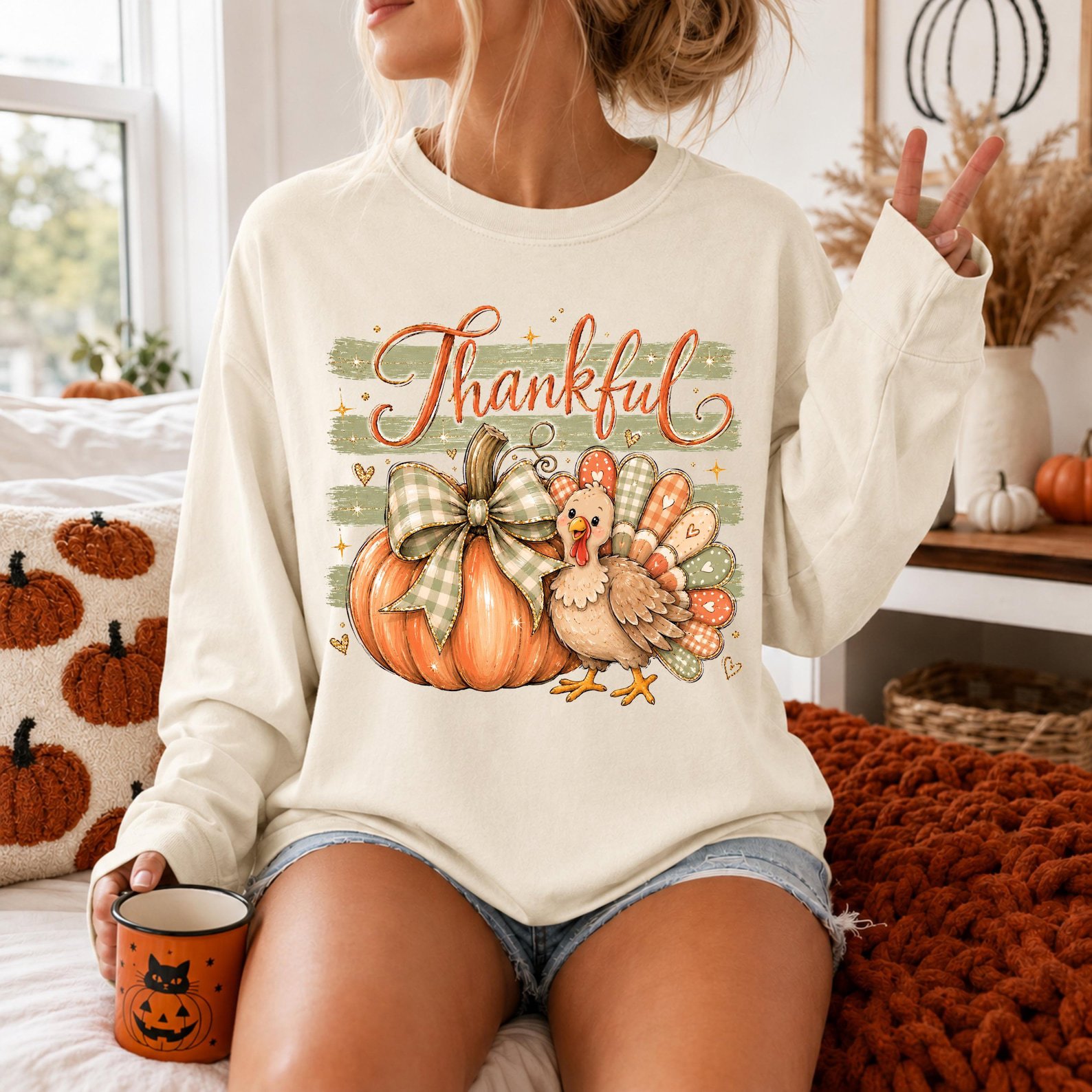 Thankful Turkey Pumpkin Shirt, Thanksgiving dinner matching Family Fall Tee 1