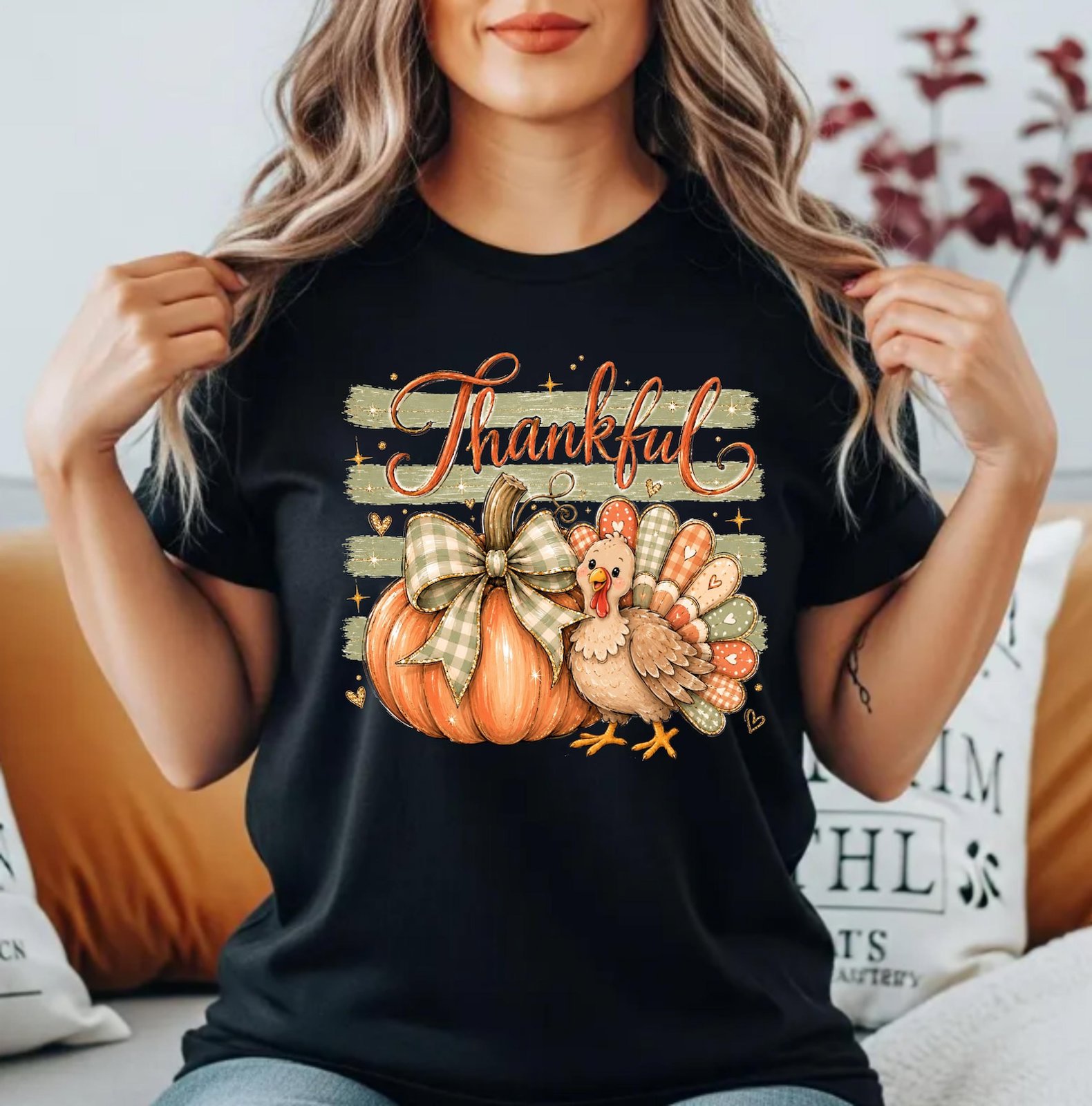 Thankful Turkey Pumpkin Shirt, Thanksgiving dinner matching Family Fall Tee 3