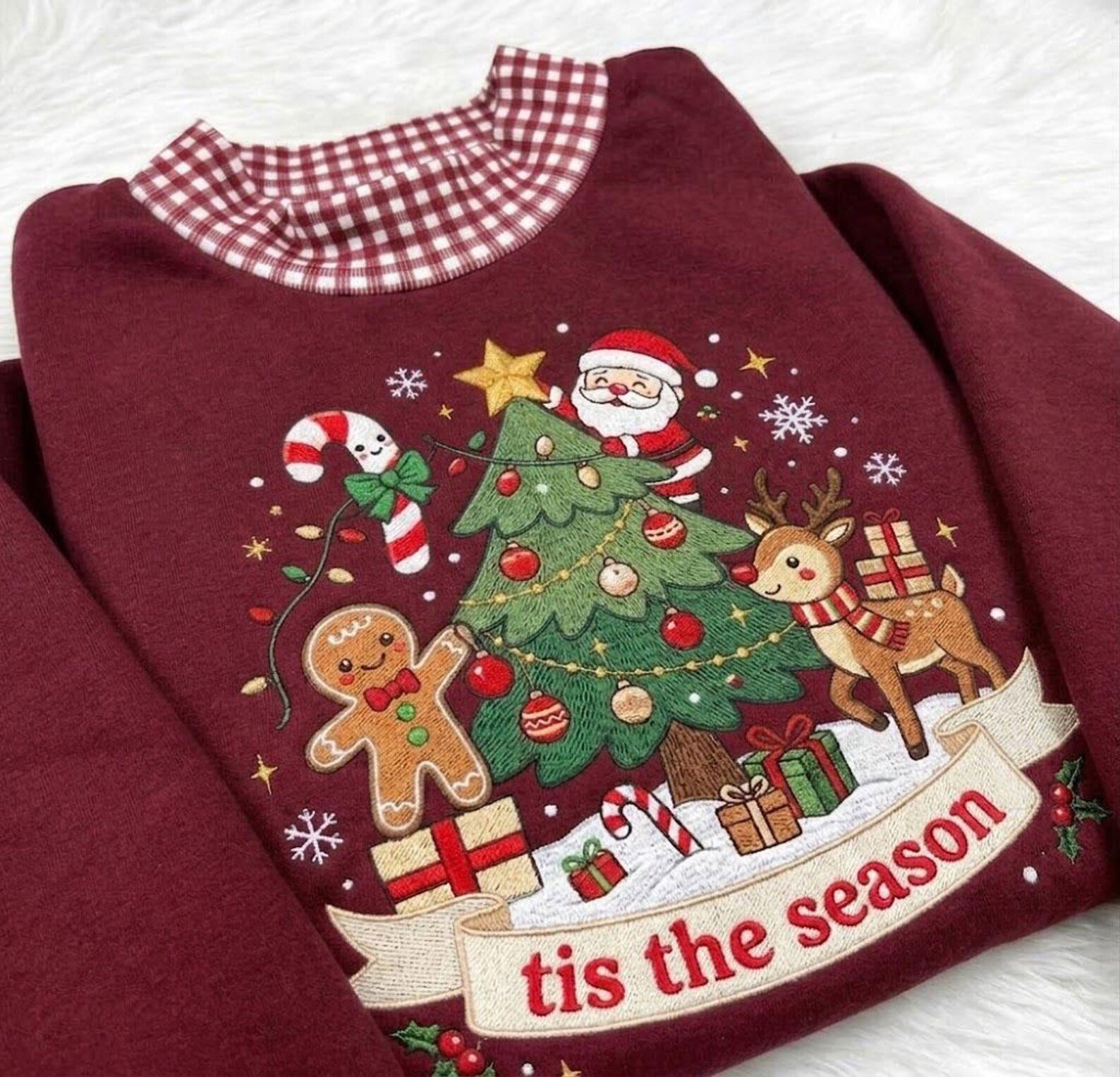 Christmas Gingham Mock Neck Sweatshirt, Embroidered Santa Tree Reindeer Gingerbread Holiday Pullover, Tis the Season Christmas Gift 3