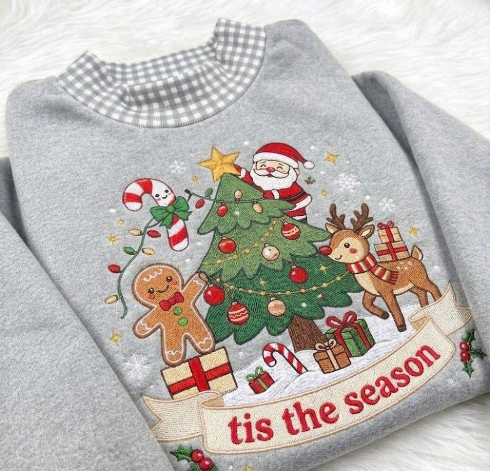 Christmas Gingham Mock Neck Sweatshirt, Embroidered Santa Tree Reindeer Gingerbread Holiday Pullover, Tis the Season Christmas Gift 1