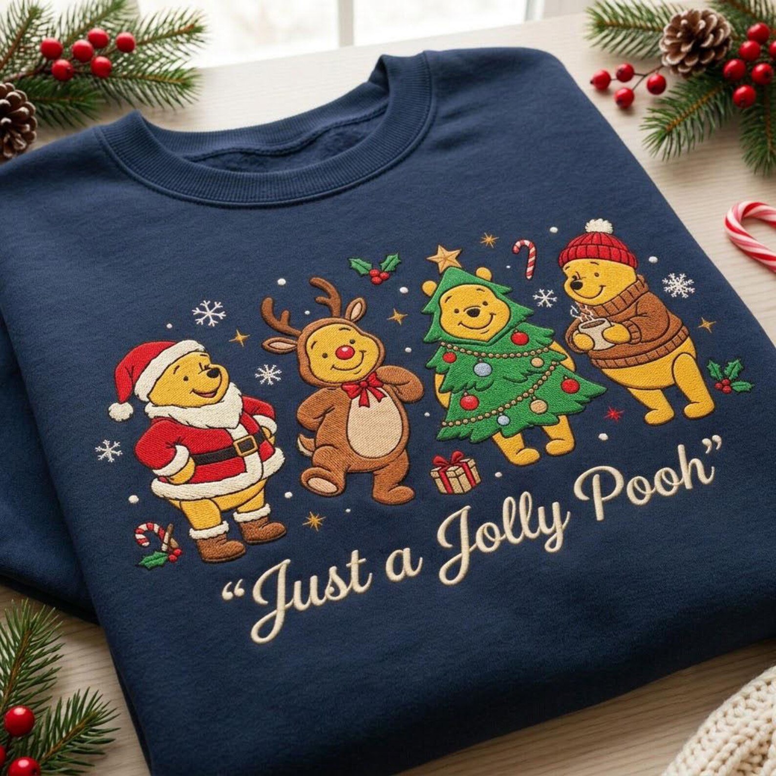 Jolly Pooh Christmas Embroidered Sweatshirt, Winnie the Pooh Holiday Crewneck, Cute Hundred Acre Wood Christmas Pullover, Pooh Gift 3