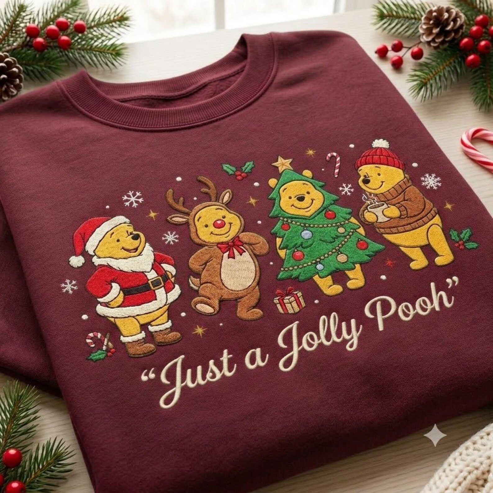 Jolly Pooh Christmas Embroidered Sweatshirt, Winnie the Pooh Holiday Crewneck, Cute Hundred Acre Wood Christmas Pullover, Pooh Gift 1