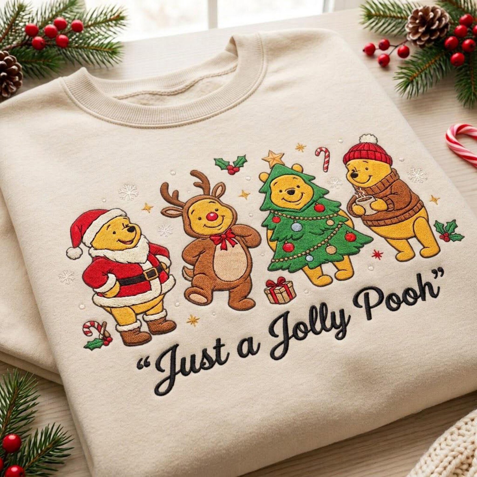 Jolly Pooh Christmas Embroidered Sweatshirt, Winnie the Pooh Holiday Crewneck, Cute Hundred Acre Wood Christmas Pullover, Pooh Gift 2