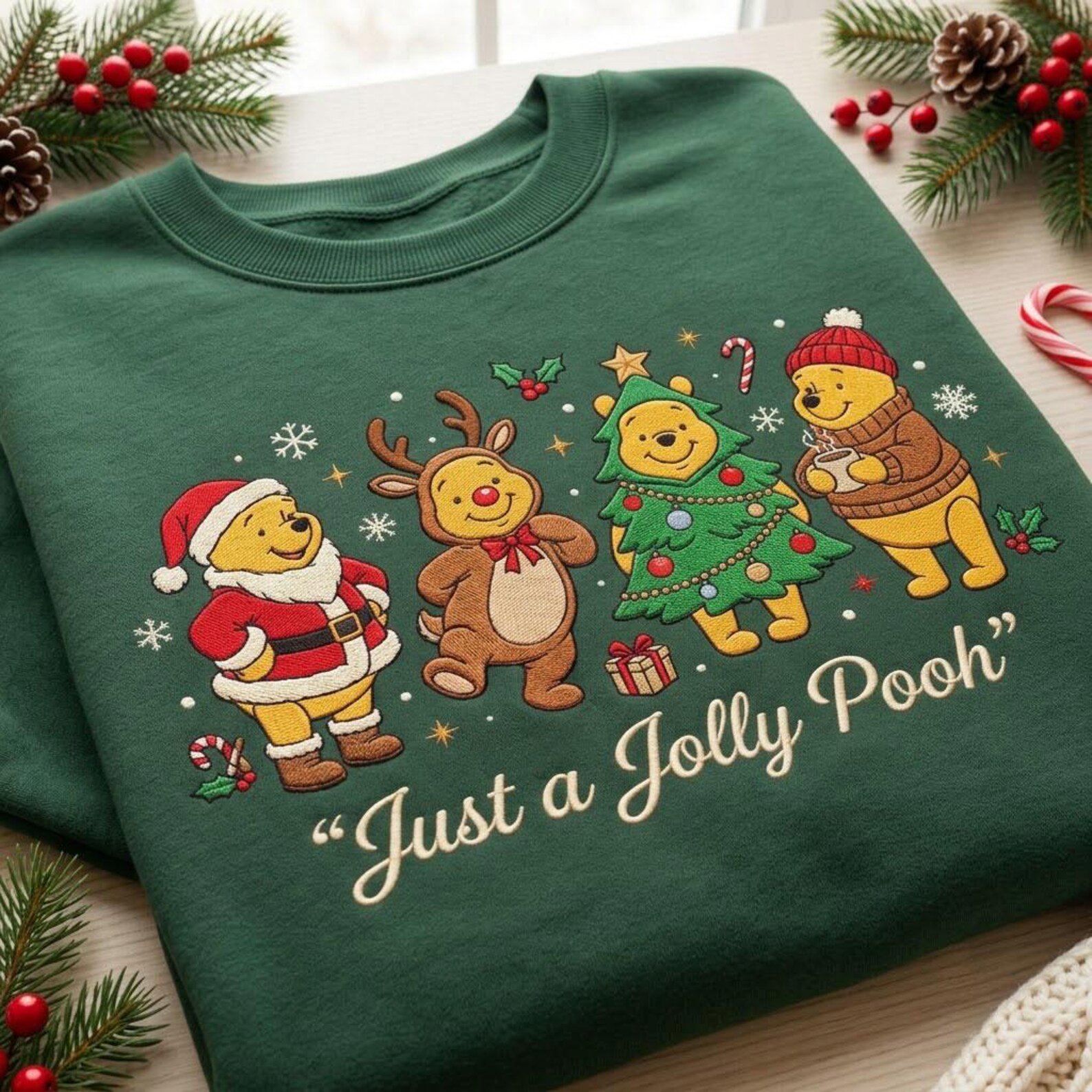 Jolly Pooh Christmas Embroidered Sweatshirt, Winnie the Pooh Holiday Crewneck, Cute Hundred Acre Wood Christmas Pullover, Pooh Gift 4