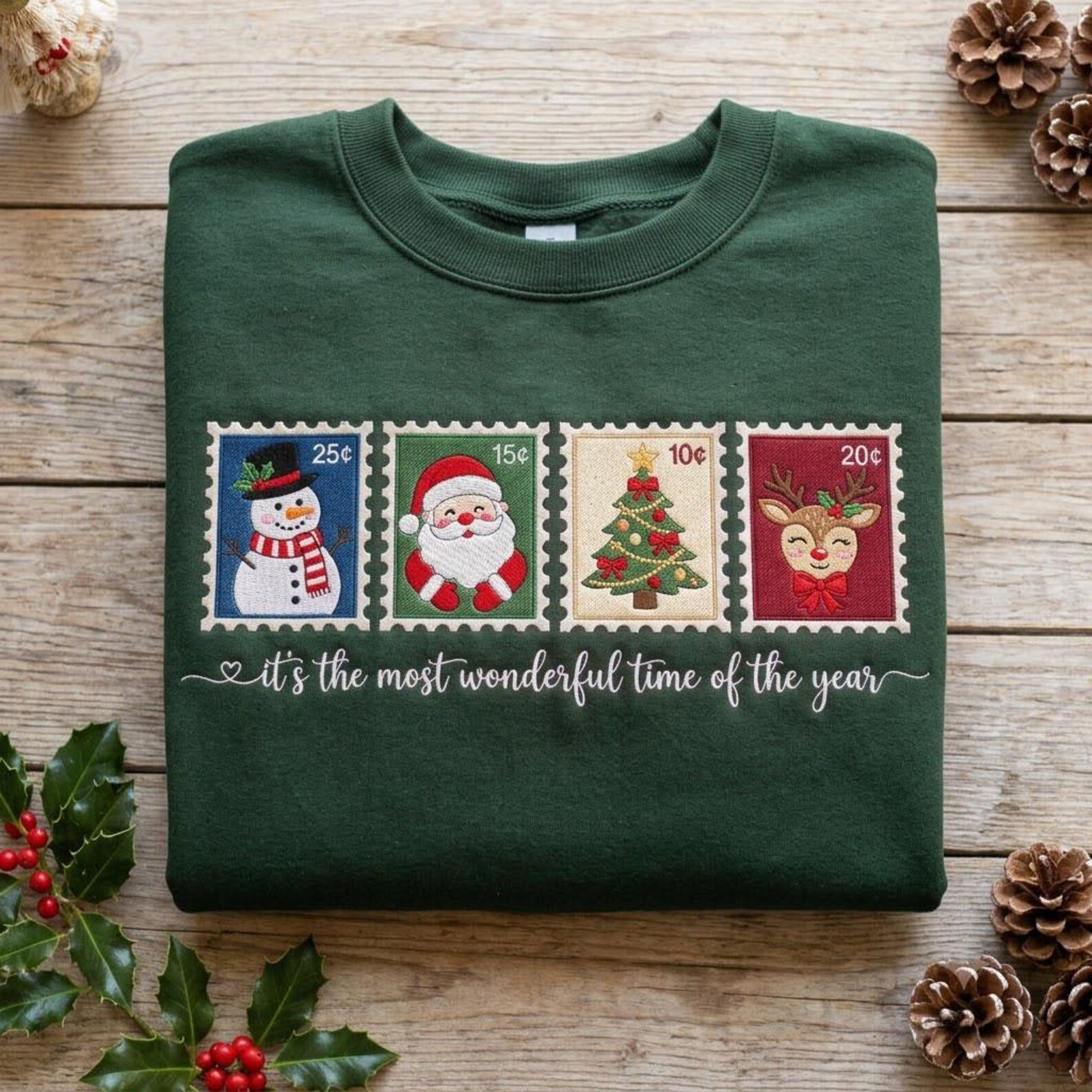 Christmas Postage Stamp Embroidered Sweatshirt, Snowman Santa Reindeer Tree Crewneck, Most Wonderful Time Holiday Shirt, Festive Gift 4