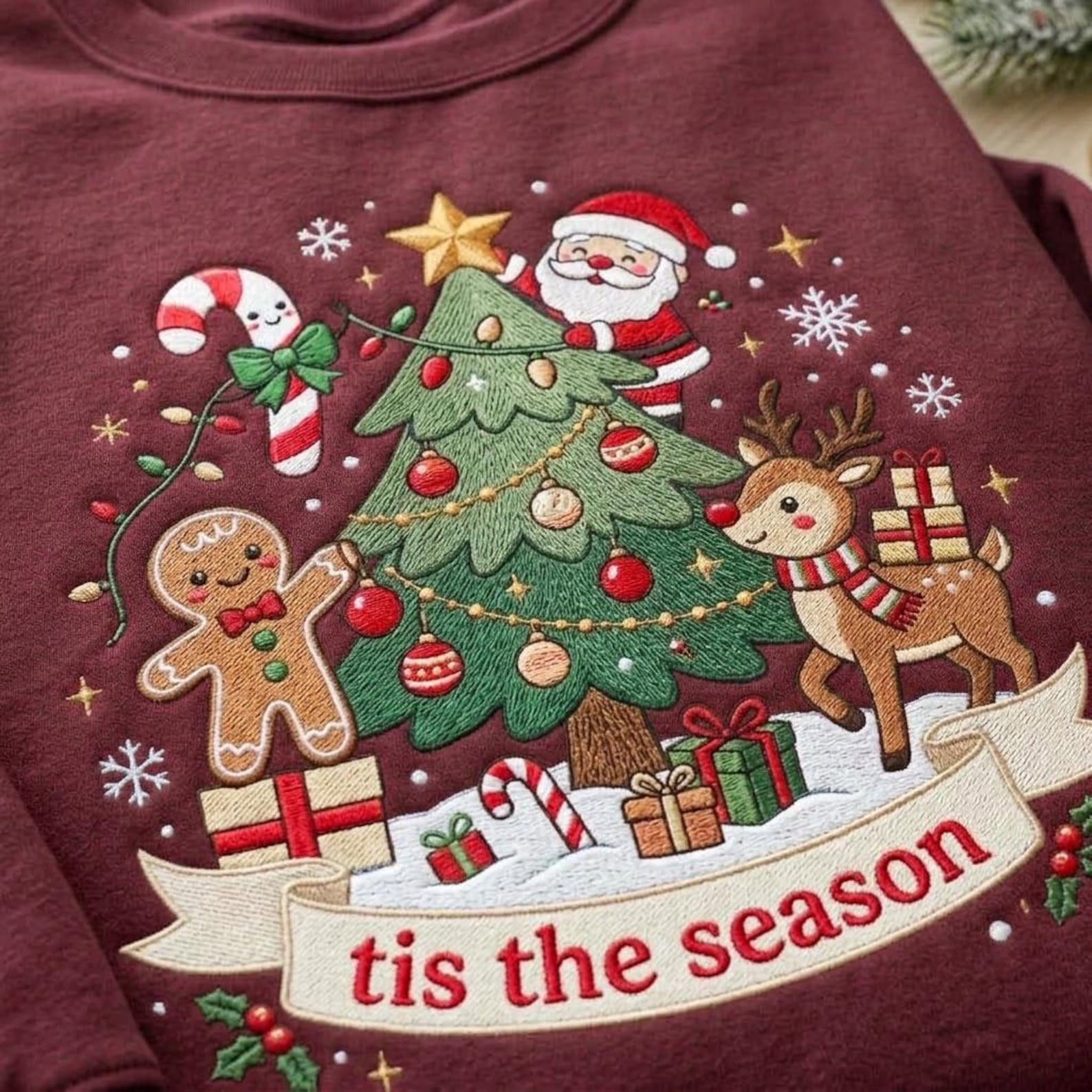 Tis The Season Christmas Embroidered Sweatshirt, Santa Reindeer Gingerbread Tree Crewneck, Festive Holiday Shirt, Cute Xmas Gift 1