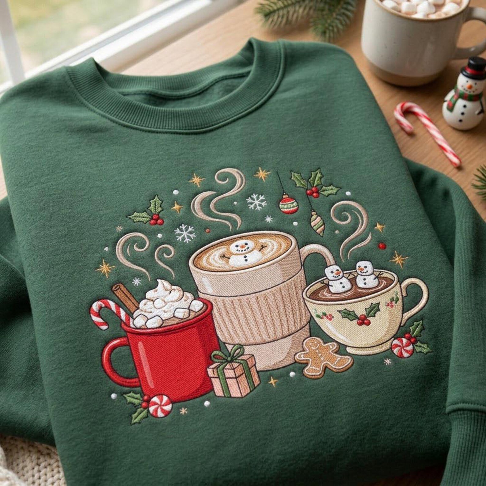 Christmas Coffee Embroidered Sweatshirt, Hot Cocoa Mug Crewneck, Cozy Holiday Drink Shirt, Festive Winter Coffee Lover Gift 2