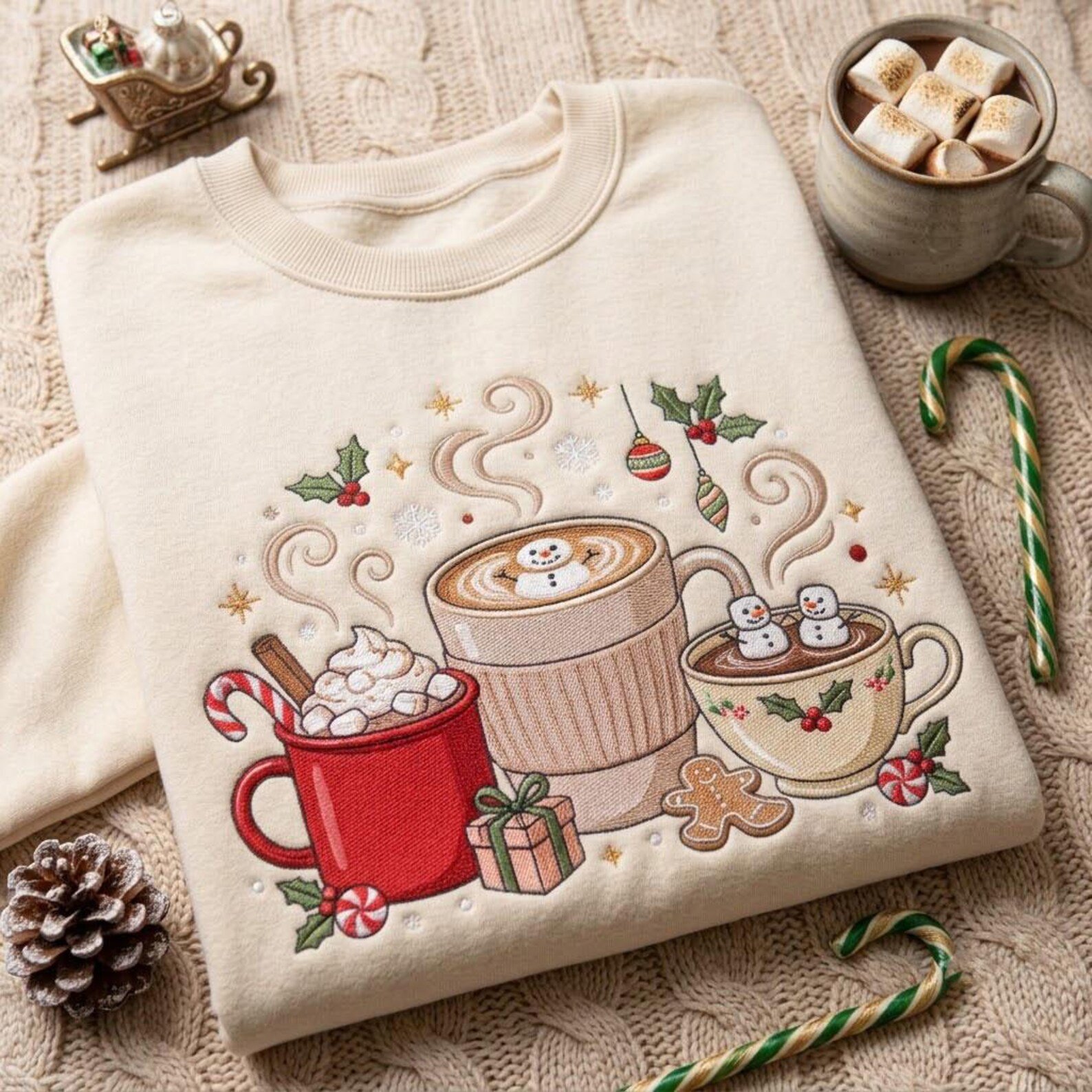 Christmas Coffee Embroidered Sweatshirt, Hot Cocoa Mug Crewneck, Cozy Holiday Drink Shirt, Festive Winter Coffee Lover Gift 1