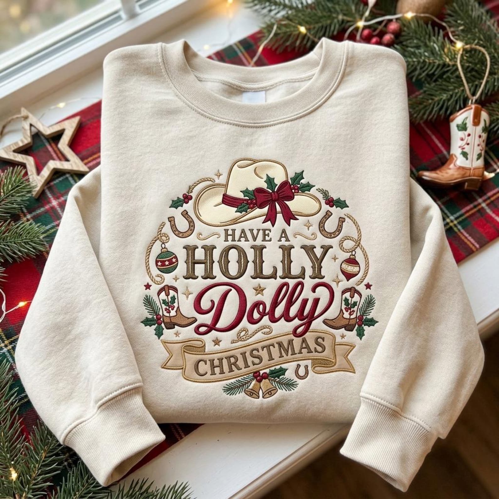 Holly Dolly Christmas Sweatshirt, Embroidered Western Holiday Sweater, Cowboy Hat Cowgirl Christmas Shirt, Country Gift 1