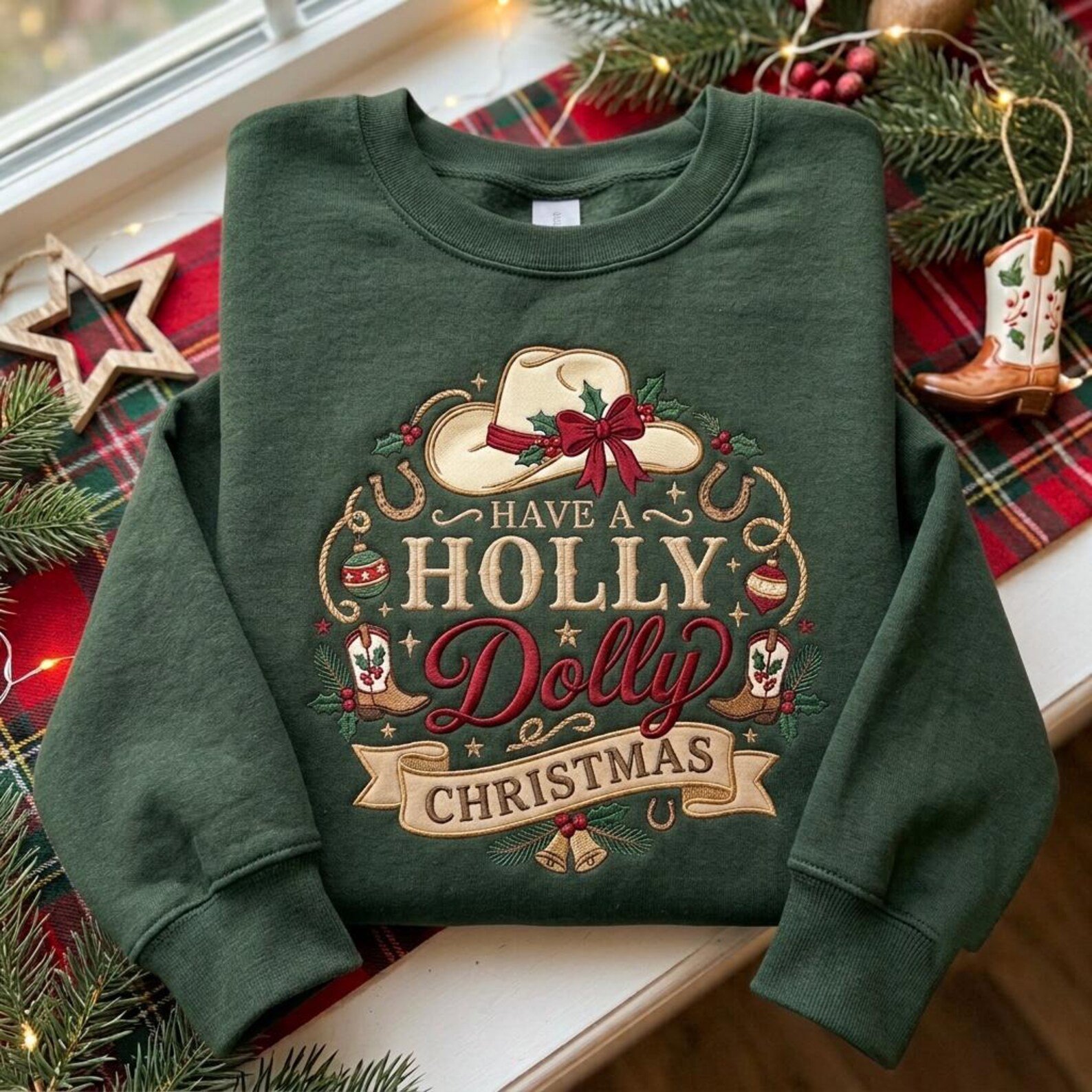 Holly Dolly Christmas Sweatshirt, Embroidered Western Holiday Sweater, Cowboy Hat Cowgirl Christmas Shirt, Country Gift 3