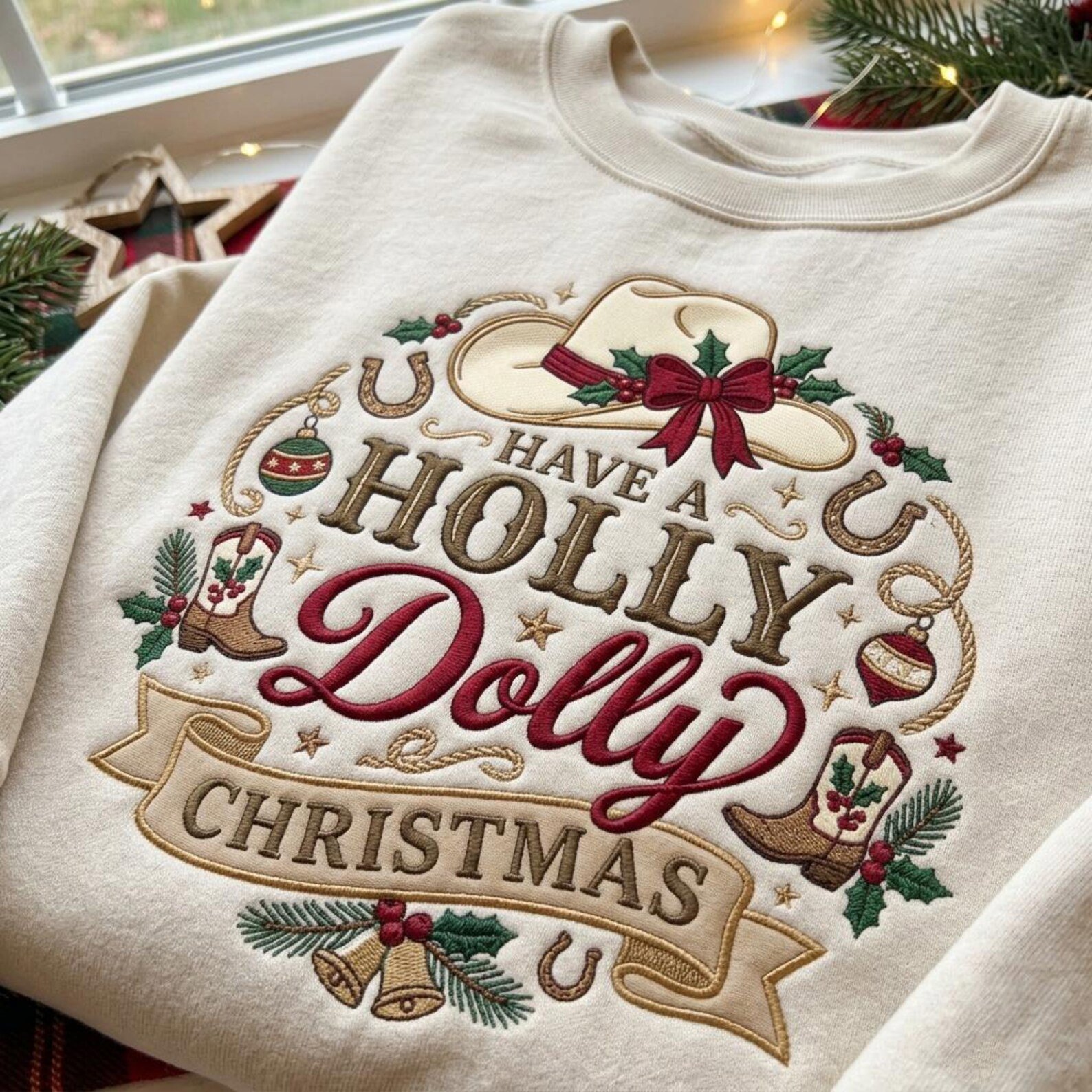 Holly Dolly Christmas Sweatshirt, Embroidered Western Holiday Sweater, Cowboy Hat Cowgirl Christmas Shirt, Country Gift 4