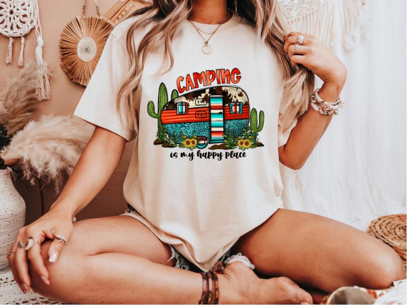 Camping Is My Happy Place Shirt: Retro Camper, Boho Western Tee 1