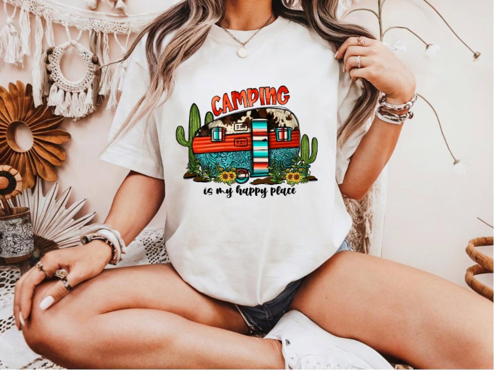Camping Is My Happy Place Shirt: Retro Camper, Boho Western Tee 3