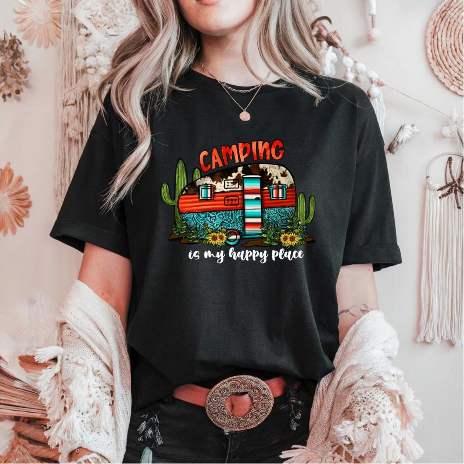 Camping Is My Happy Place Shirt: Retro Camper, Boho Western Tee 2