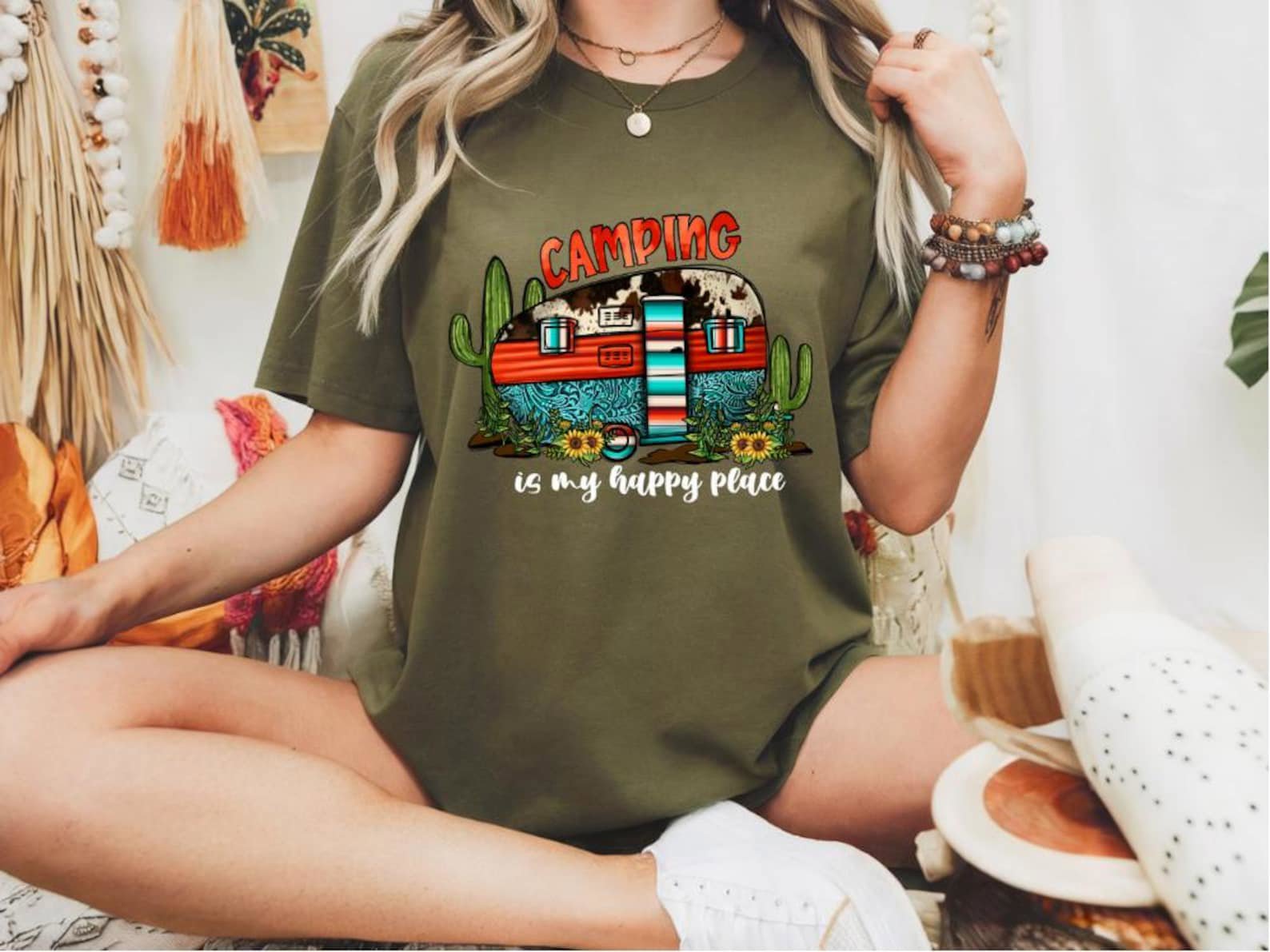 Camping Is My Happy Place Shirt: Retro Camper, Boho Western Tee 4