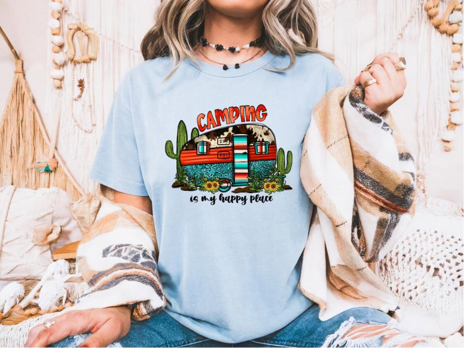 Camping Is My Happy Place Shirt: Retro Camper, Boho Western Tee 5
