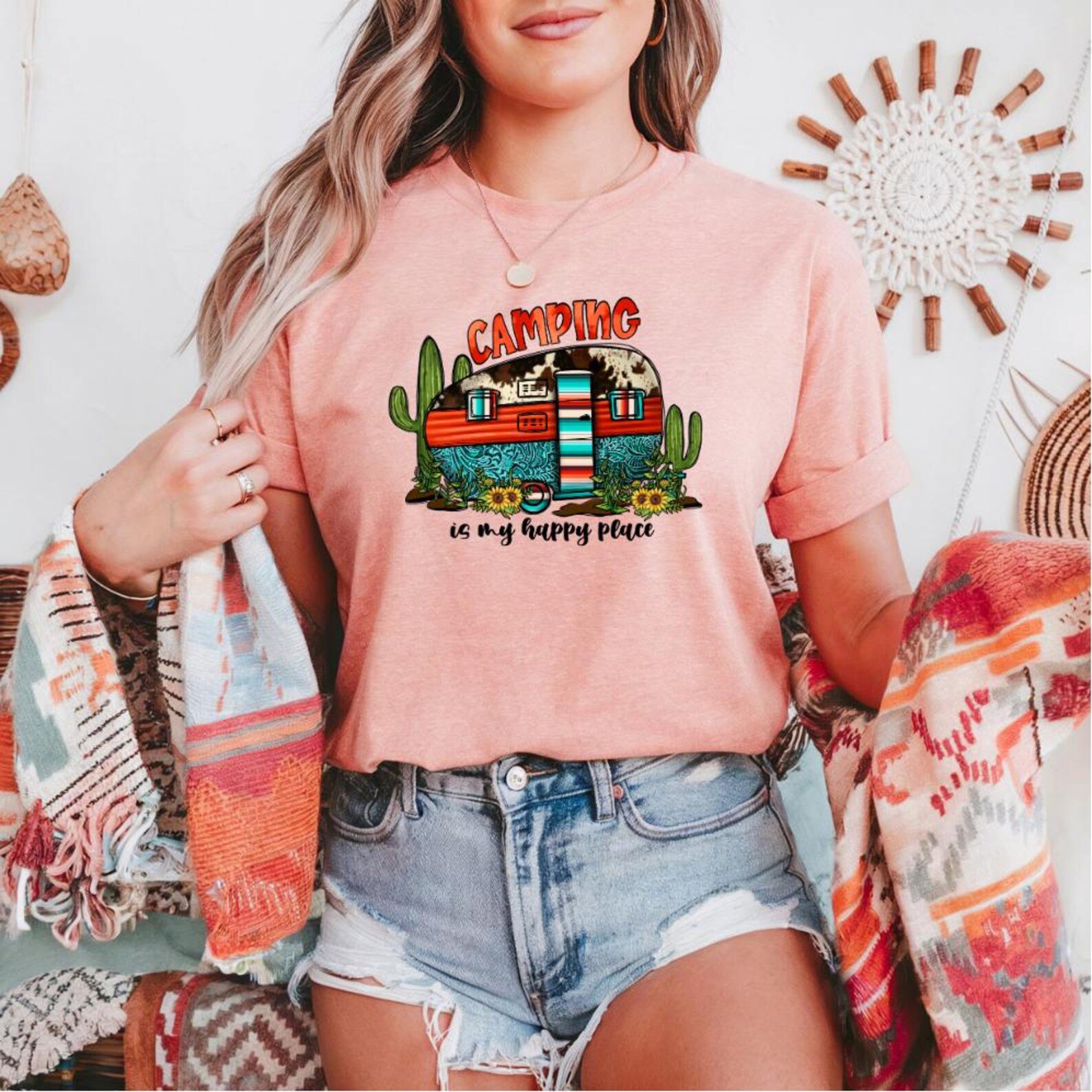 Camping Is My Happy Place Shirt: Retro Camper, Boho Western Tee 6