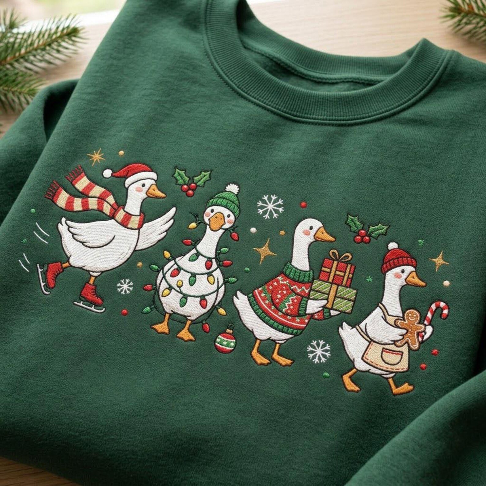 Christmas Goose Embroidered Sweatshirt, Cute Holiday Geese Crewneck, Funny Festive Goose Pullover, Cozy Christmas Goose Lover Gift 2