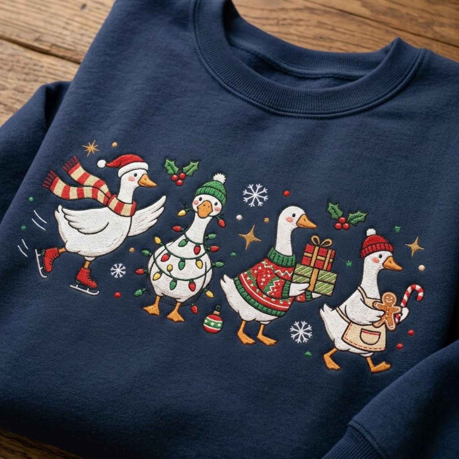 Christmas Goose Embroidered Sweatshirt, Cute Holiday Geese Crewneck, Funny Festive Goose Pullover, Cozy Christmas Goose Lover Gift 3