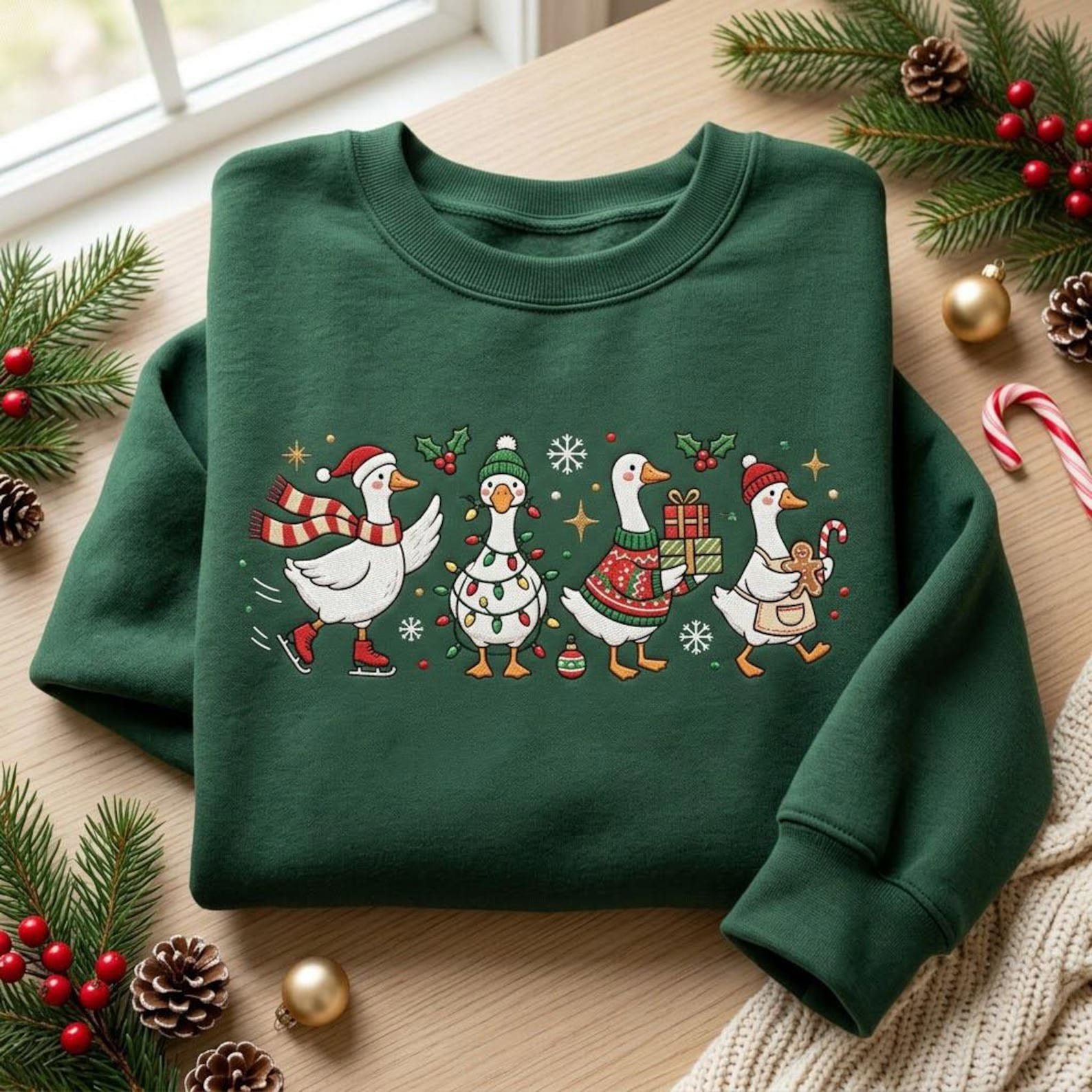 Christmas Goose Embroidered Sweatshirt, Cute Holiday Geese Crewneck, Funny Festive Goose Pullover, Cozy Christmas Goose Lover Gift 4